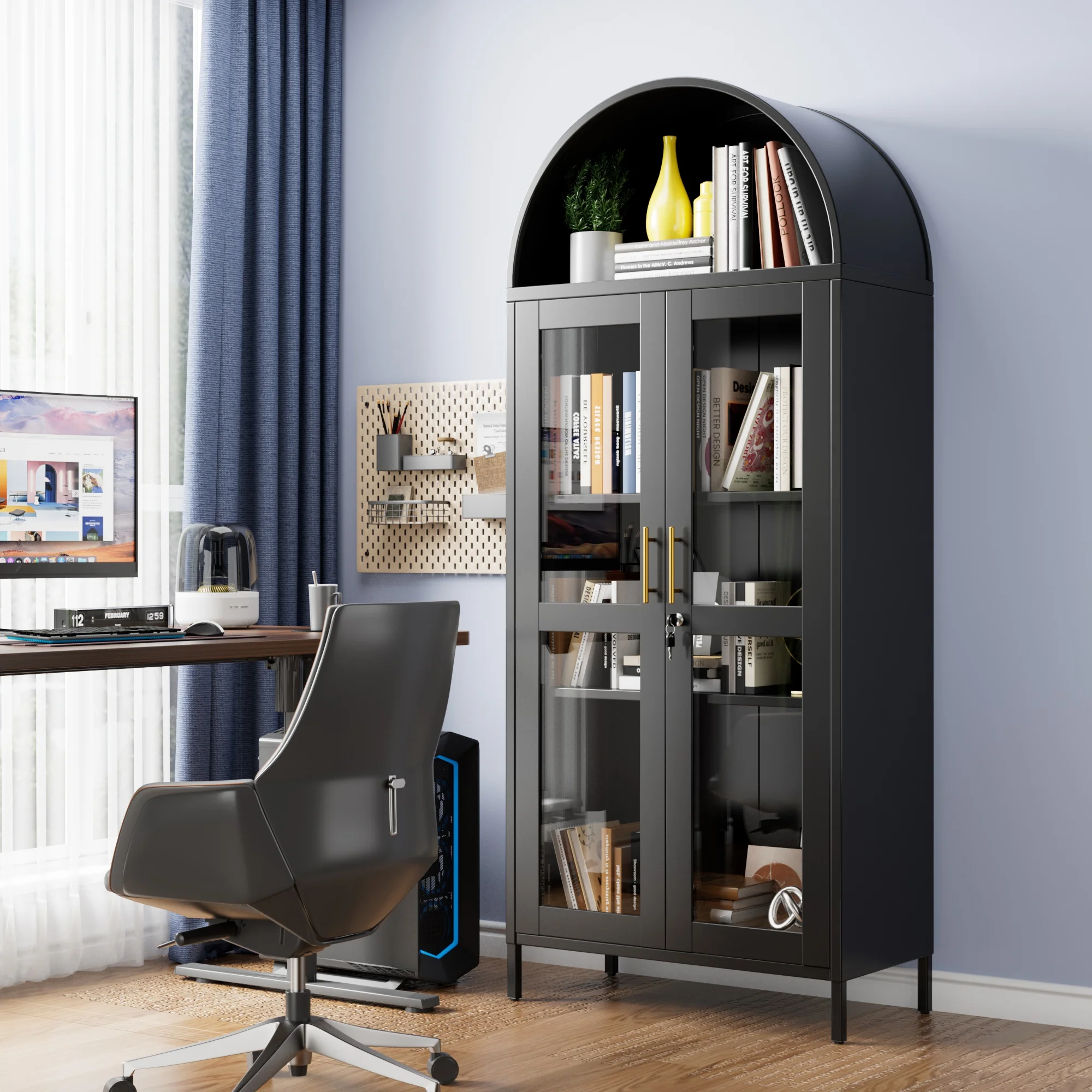 SUXXAN Metal Arched Storage Display Lockable Cabinets with Glass Doors and Adjustable Shelves, Assembly Required, Black