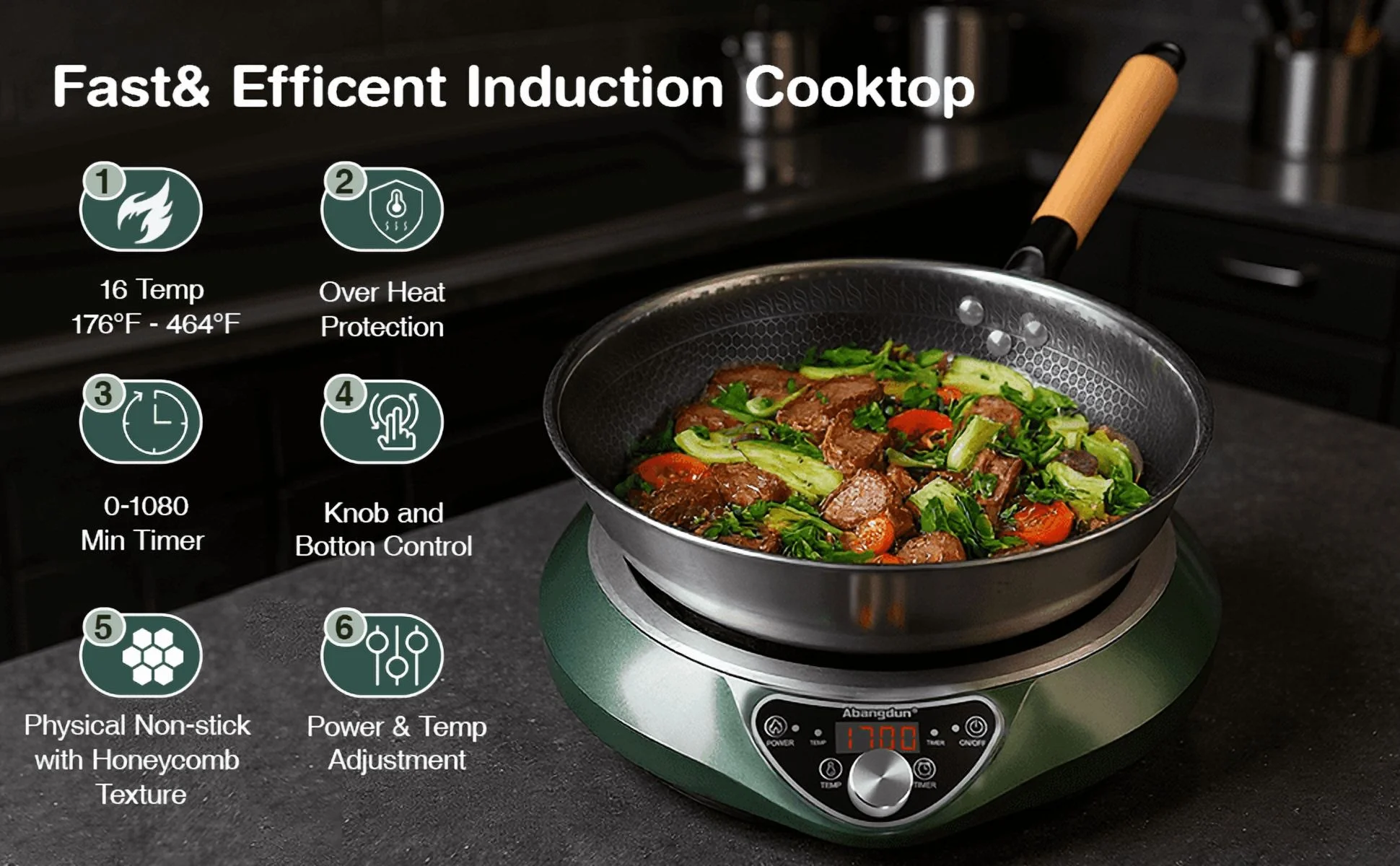 Induction Cooktop 1700W 85V~120V Wok Pan (included) Portable Electric Stove 18 Hours Timer 16 Level Temp&Power Ctrl Cookware Appliances Skillet Plates
