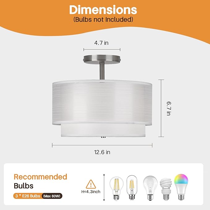 MELLOWWLITE Semi Flush Mount Ceiling Light Fixture,Bedroom Ceiling Lights