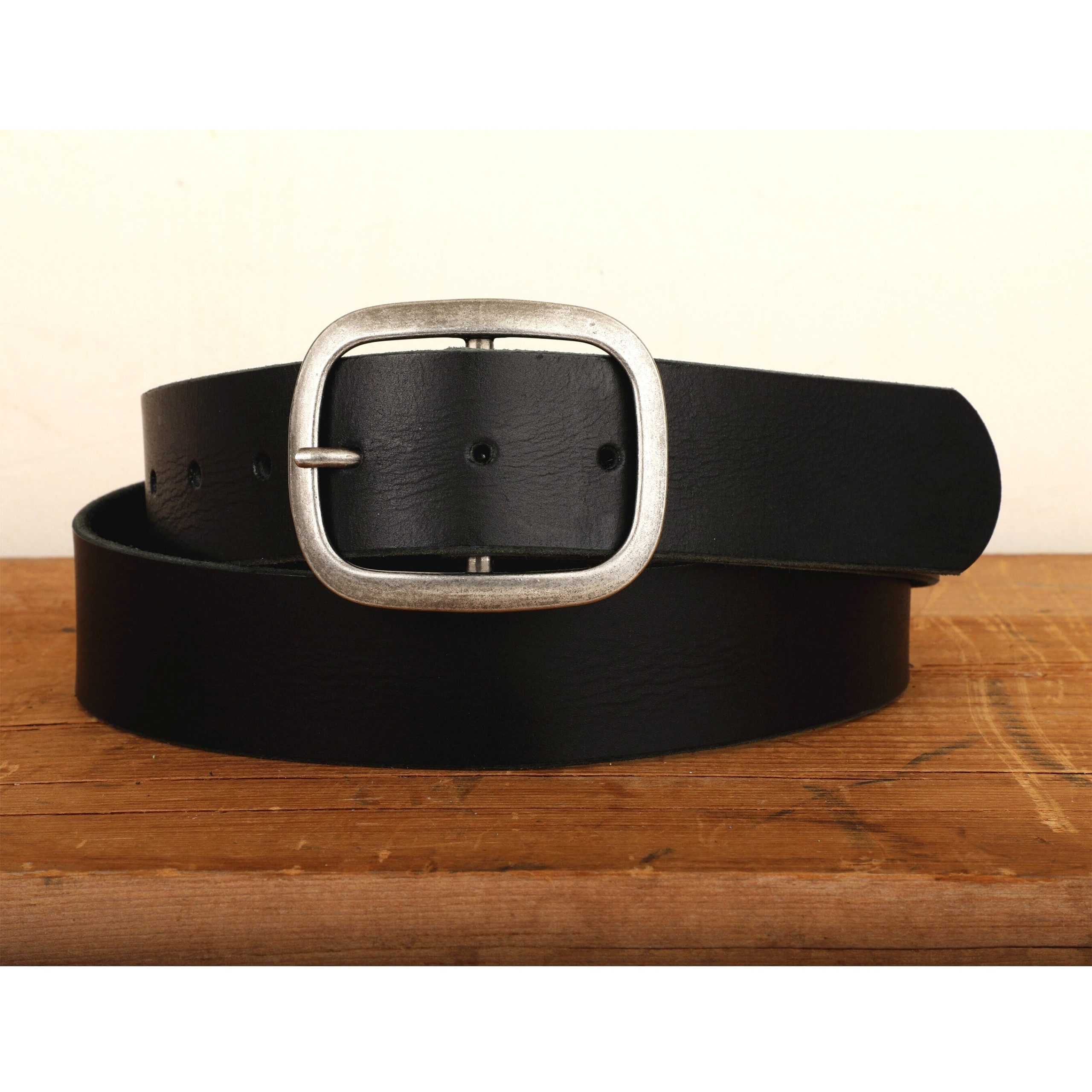 Black Leather Snap Closure Belt  Antique Silver Buckle