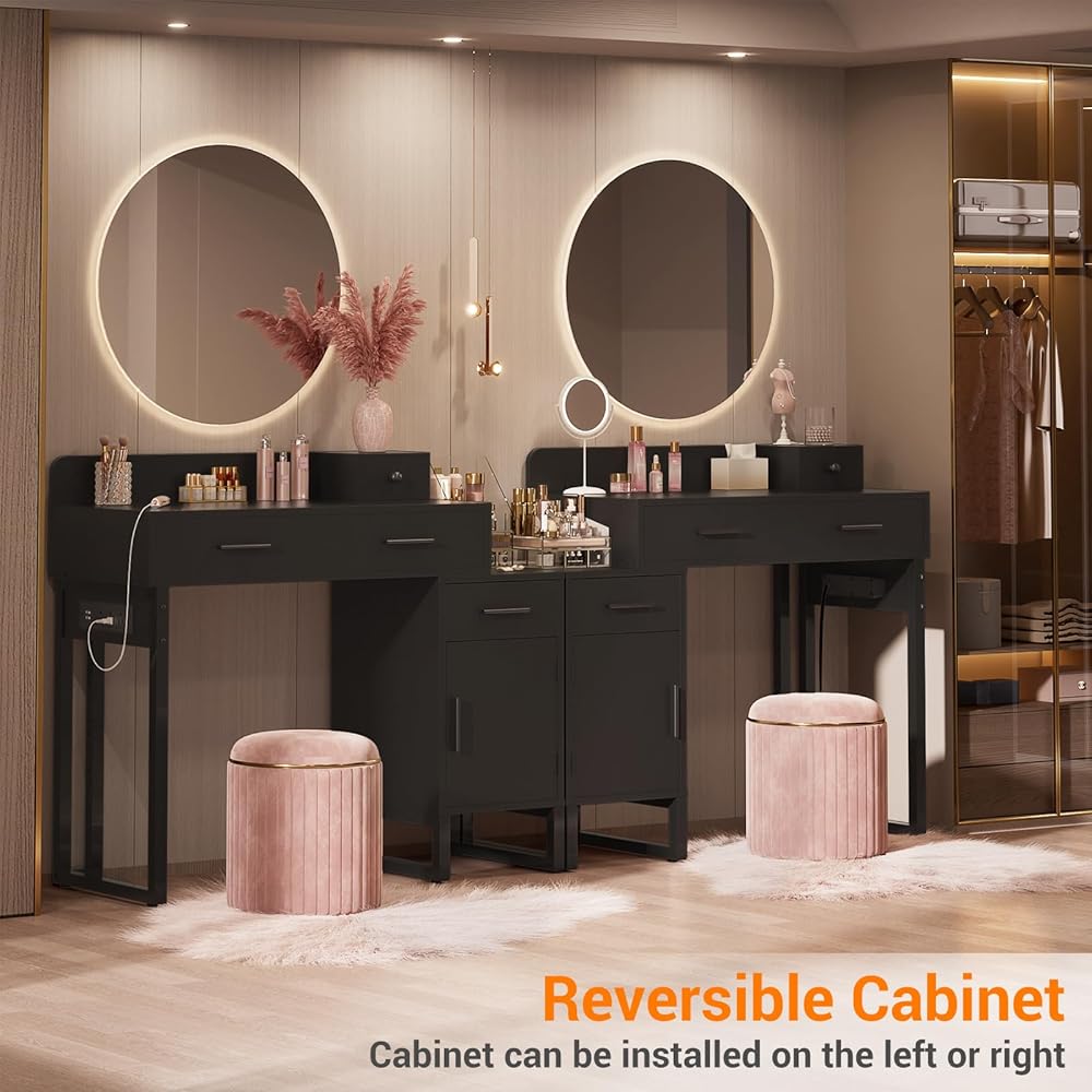 Vanity Desk With 4 Drawers and Cabinet, Makeup Vanity Table With Charge Station Socket, Small Space Makeup Bedside Cupboard, Gift for Her Choice, Suit for Apartment/Dorm/Bedroom, Cute Pink