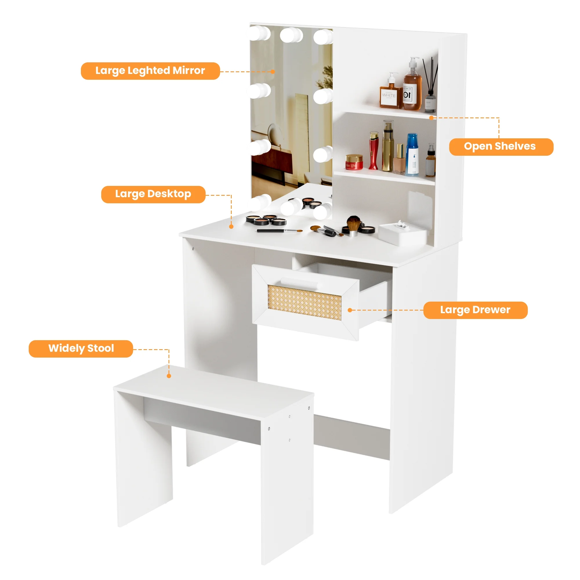 Resenkos Vanity Desk Set with Mirror and Lights for Makeup, 5 Drawers Storage Dresser for Bedroom, White