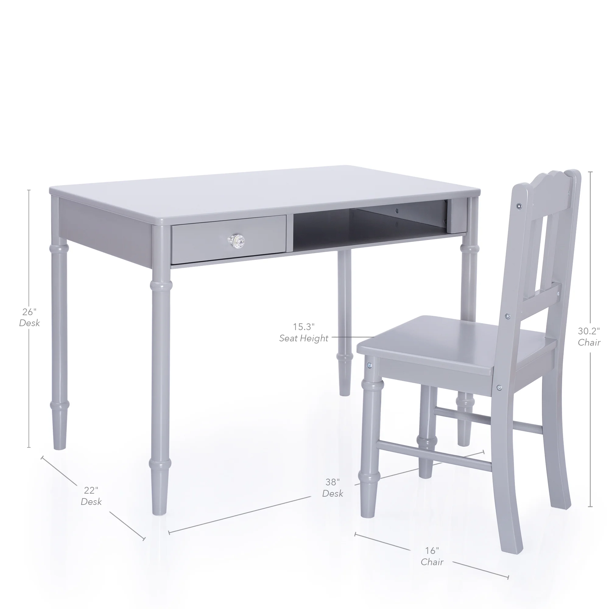 Guidecraft Dahlia Kids Desk and Chair Set - Gray: Wooden Study Table with Storage Drawer and Chair Set for Girls | Kids Bedroom Desk Set