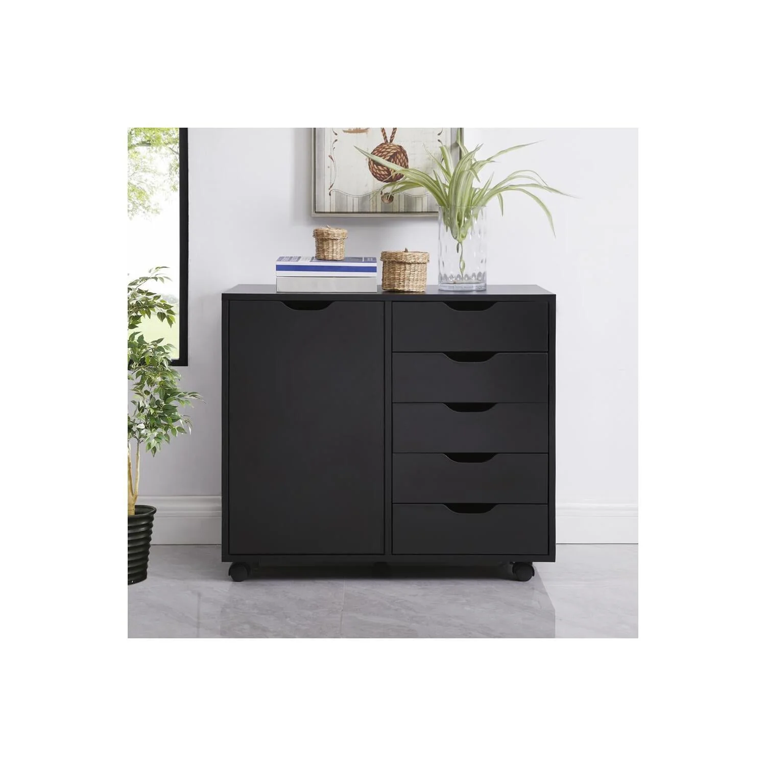 5 Drawer Dresser, Tall Dressers for Bedroom, Kids Dresser with Wheels, Storage Shelves with Drawers, Small Dresser for Closet, Makeup Dresser with 180 lbs Capacity - Black