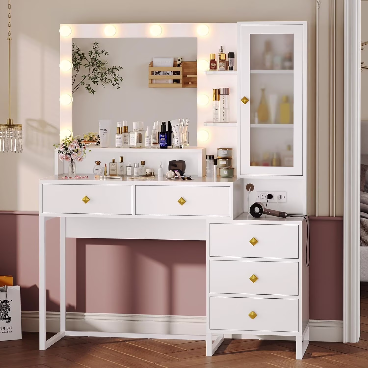 Vanity Desk with LED Lighted Mirror, Makeup Desk with 5 Storage Drawers & 6 Shelves, Vanity Table with Charging Station, Modern Dressing Table with 3 Color Lighting Options, White