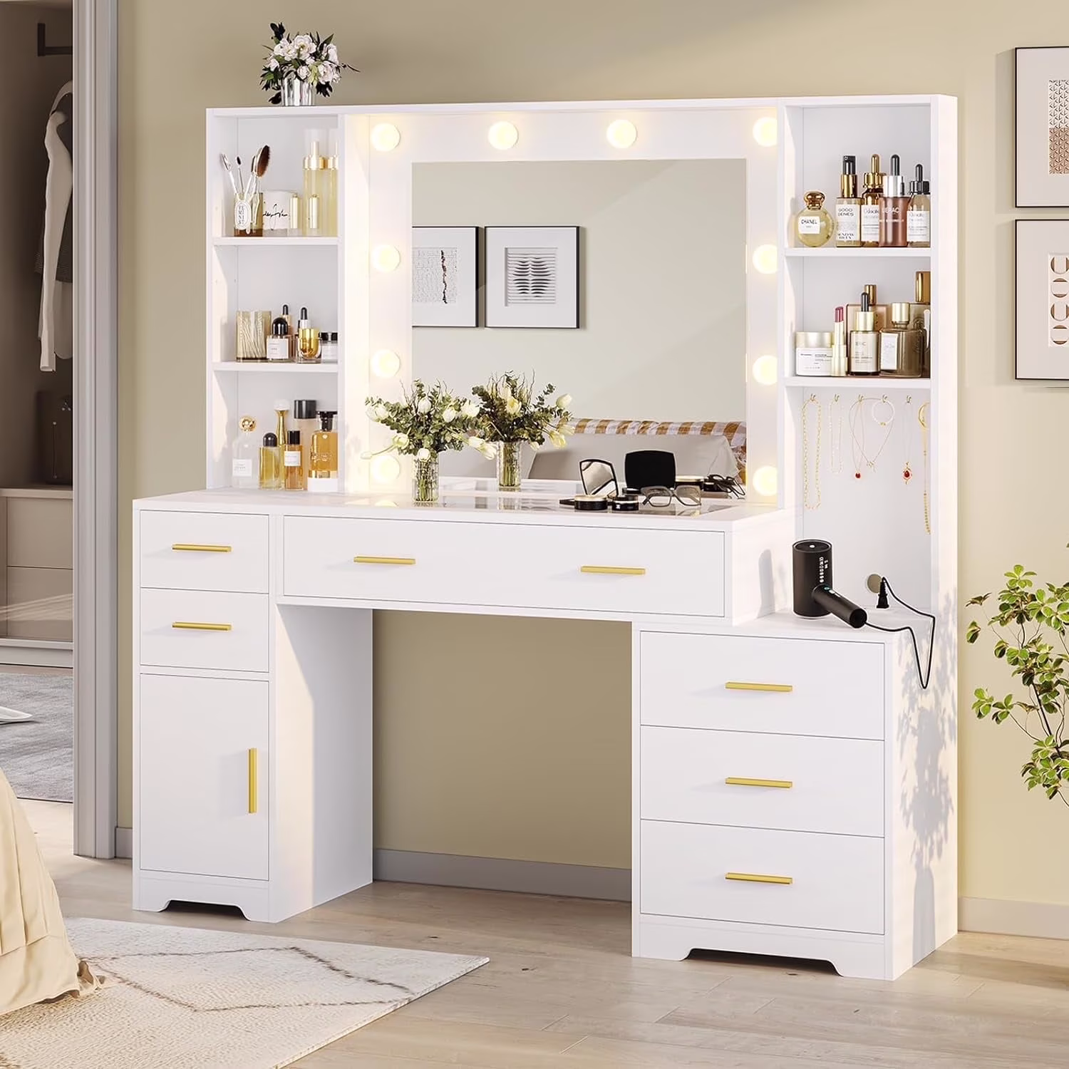 Makeup Vanity Desk with Lighted Mirror & Charging Stations & 6 Drawers Large Vanity Table Bedroom Dressing Table with Glass Tabletop&Side Cabinet&Glass Tabletop, Black