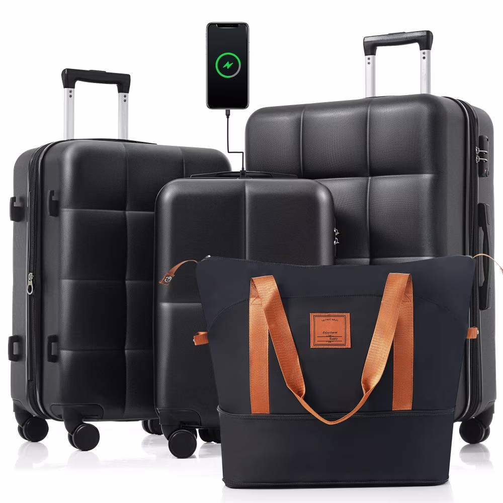 Luggage Sets 4 Piece, 20-inch with USB Port, Expandable ABS Durable Suitcase with Travel Bag