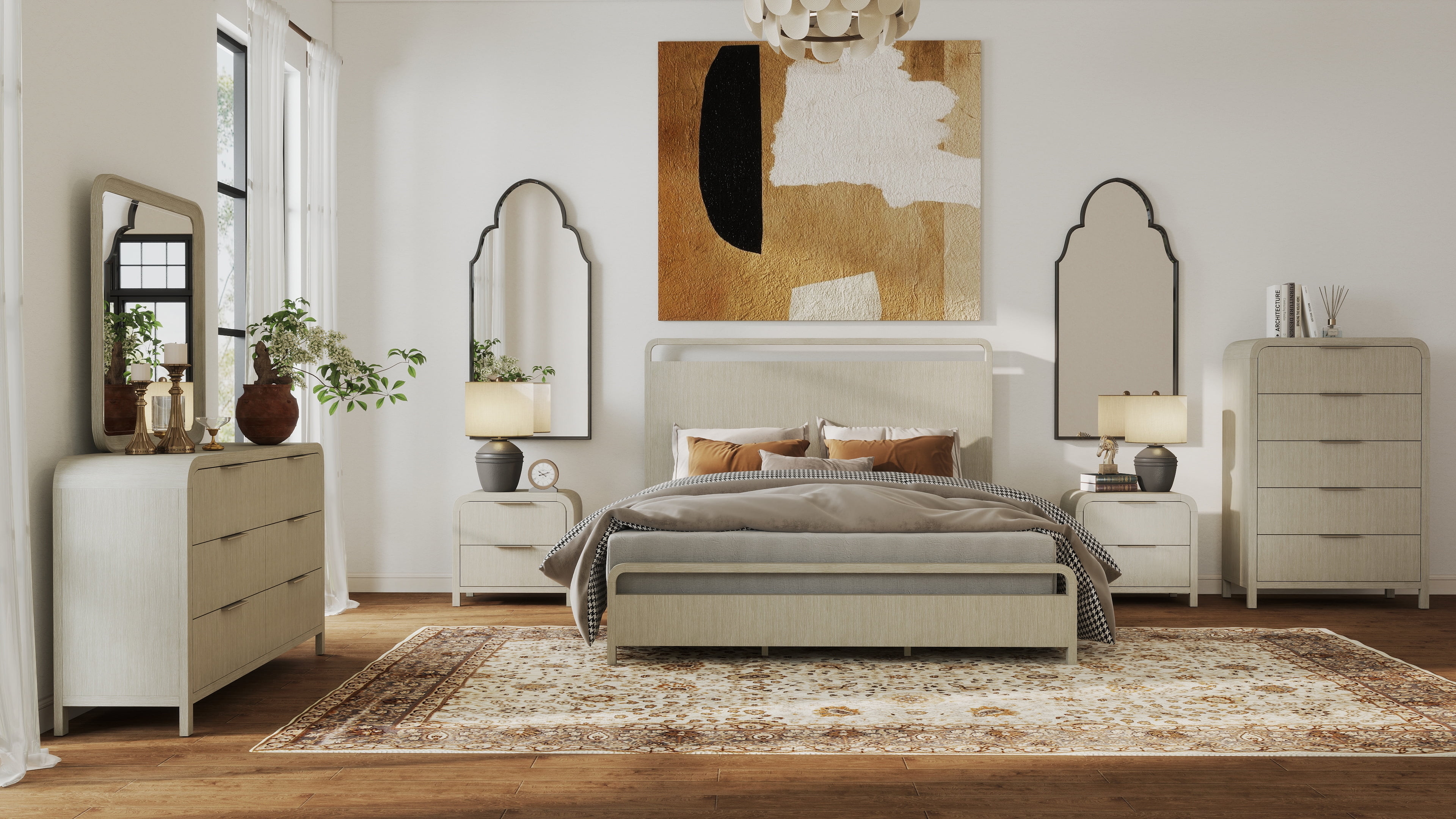 Roundhill Furniture Tavari 6-Piece Bedroom Set with Panel Bed, Dresser, Mirror, Two Nightstands, and Chest in Light Gray, King Size
