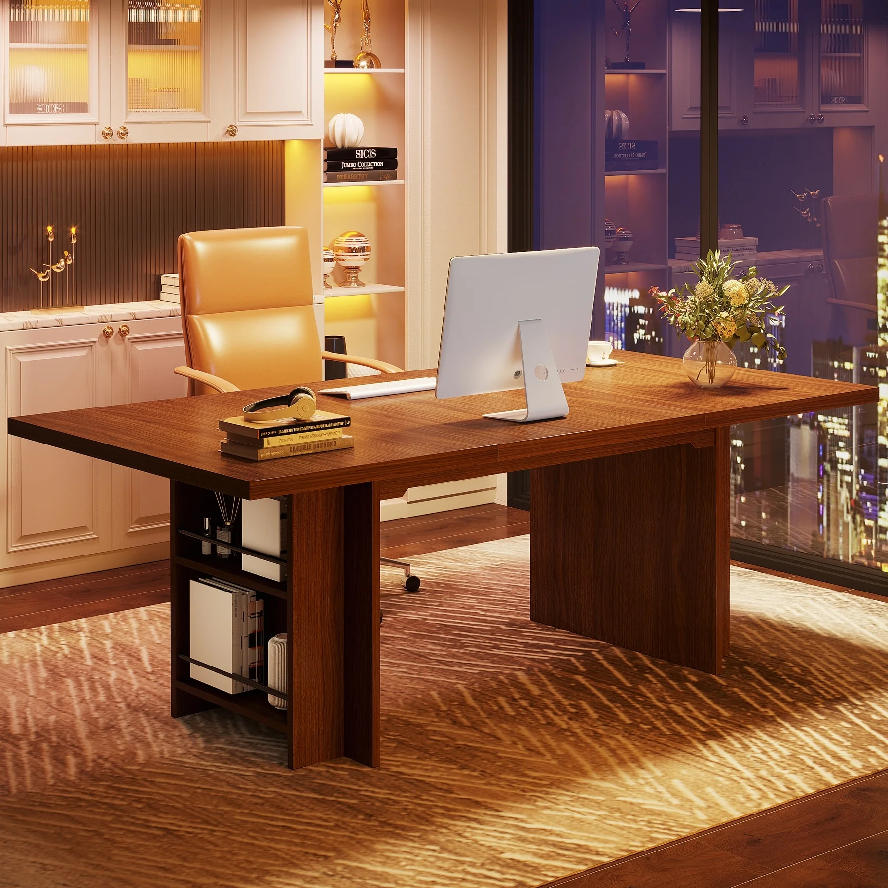 63-in Large Executive Desk, Home Office Desk Large Computer Writing Table with Storage Walnut