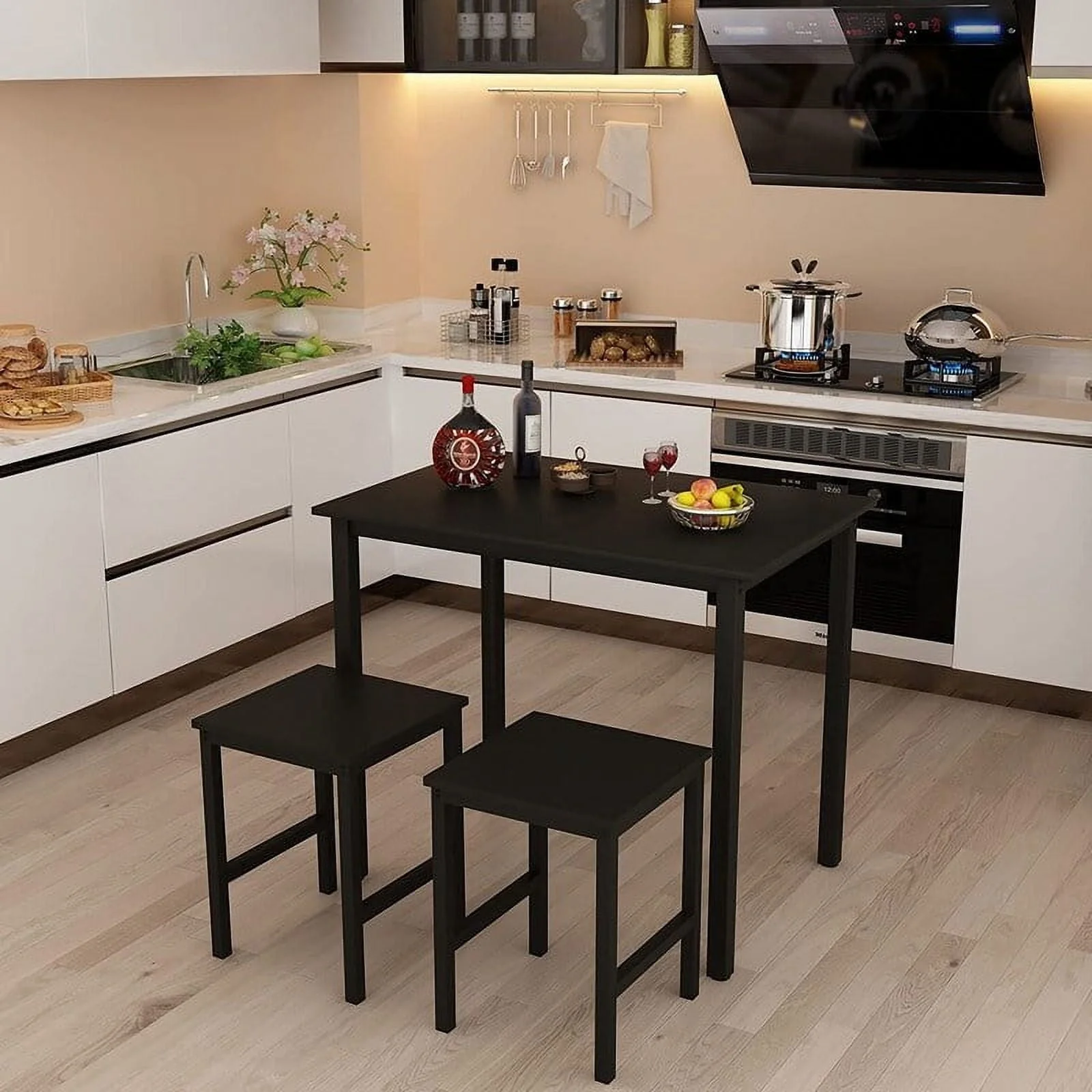 Mieres 2 - Person Dining Set KitchenTable Set  Space Saver with Rectangular Table and 2 Square Chairs Black