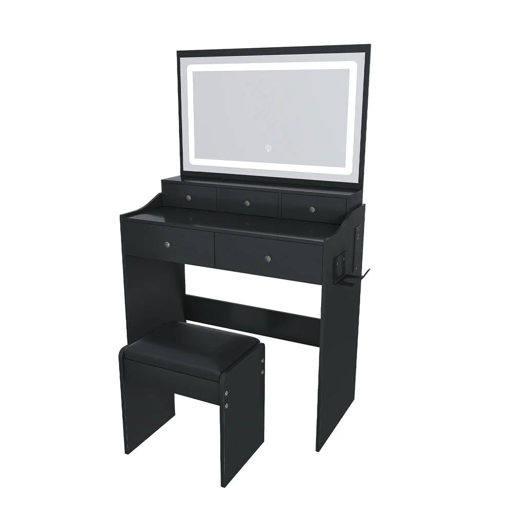 Kadyn Vanity Desk with Lighted Mirror, Vanity Table and Chair Set with 2 Drawers, Dressing Table Makeup Desk with 1 Door, Retro Gray