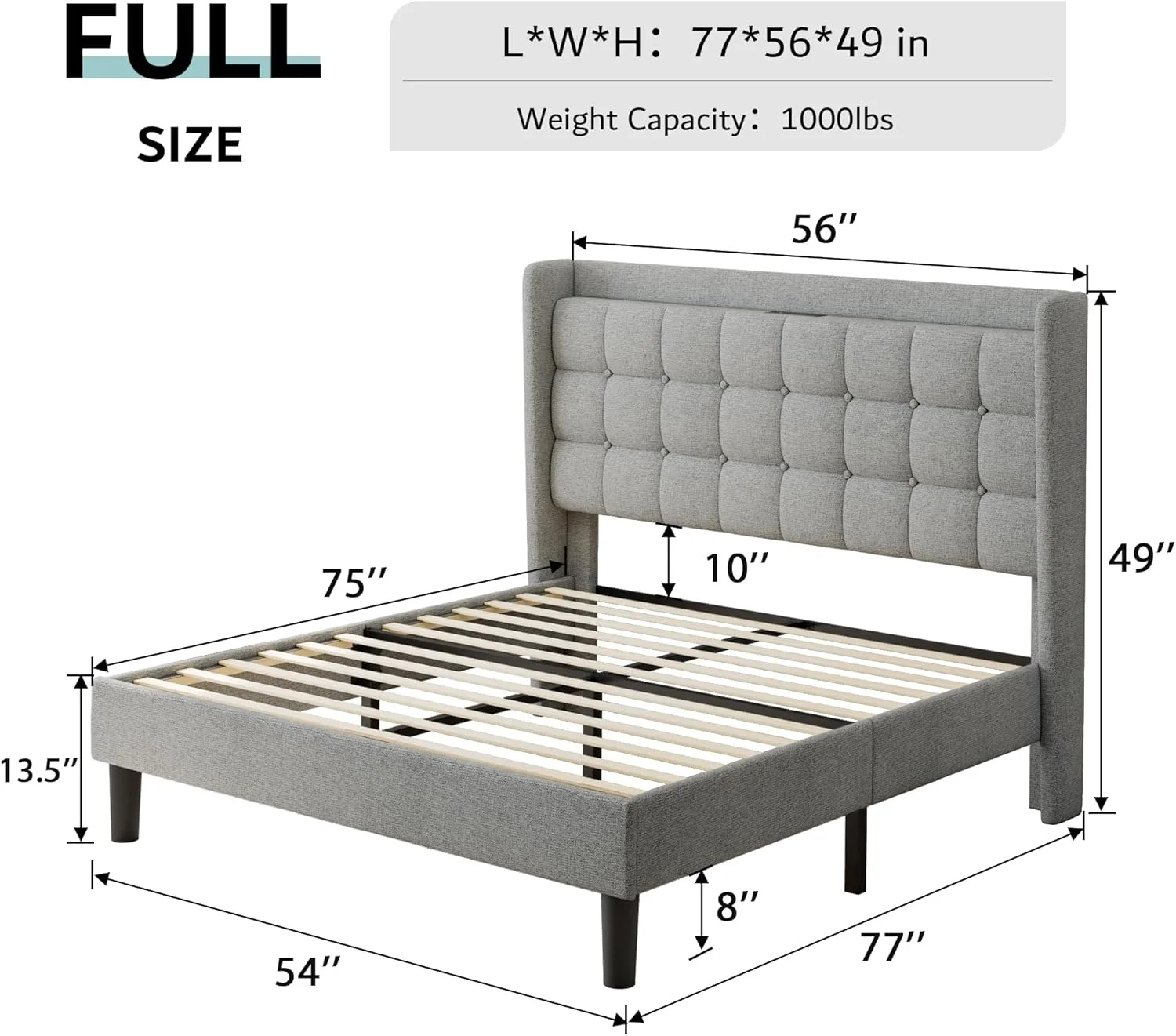 ipormis Full Size Bed Frame with Charging Station��Upholstered Platform Bed Frame  with Wingback Storage Headboard, No Box Spring Needed,Light Grey