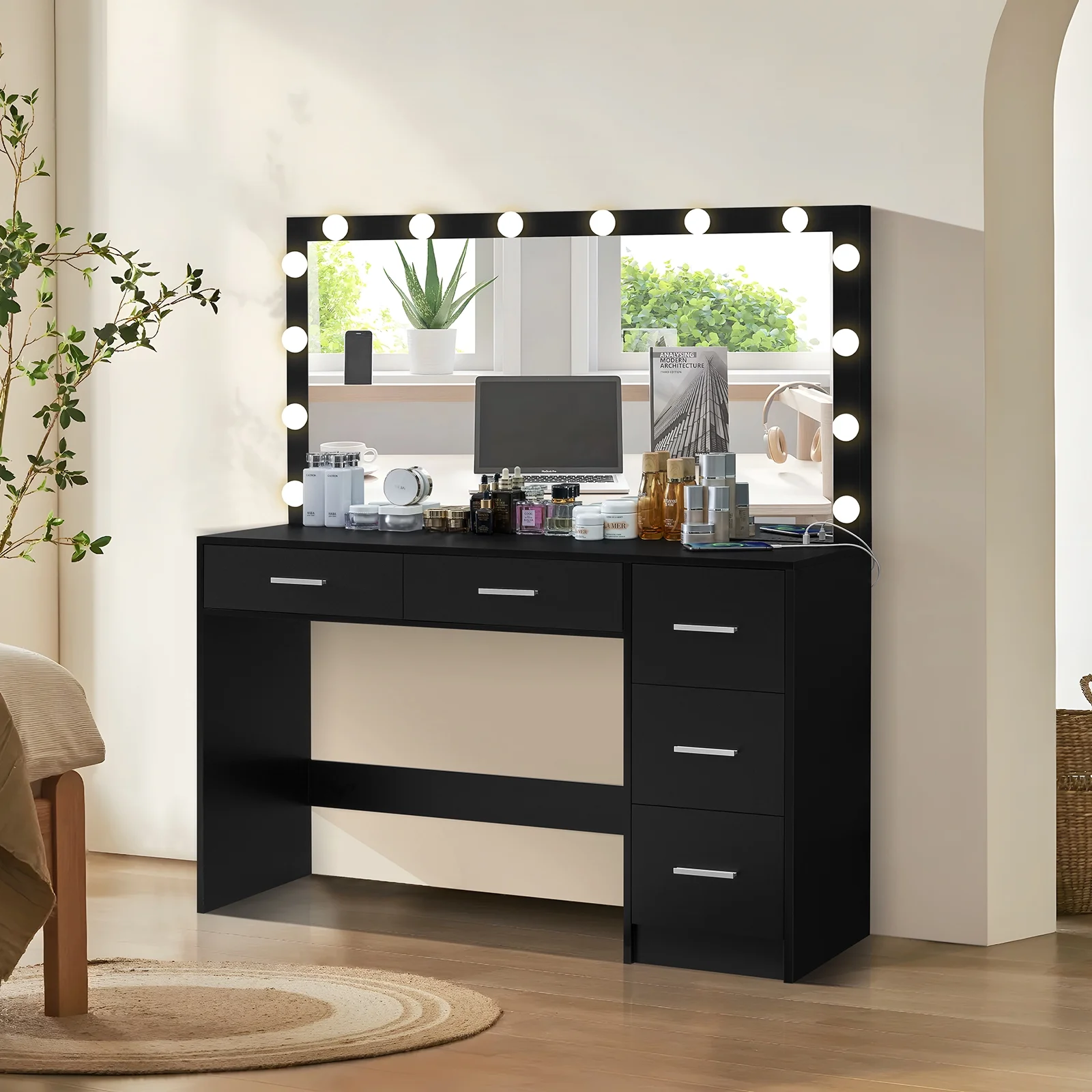 USIKEY Bedroom Adjustable Makeup LED Lights Desk, and Mirror Table Set, White