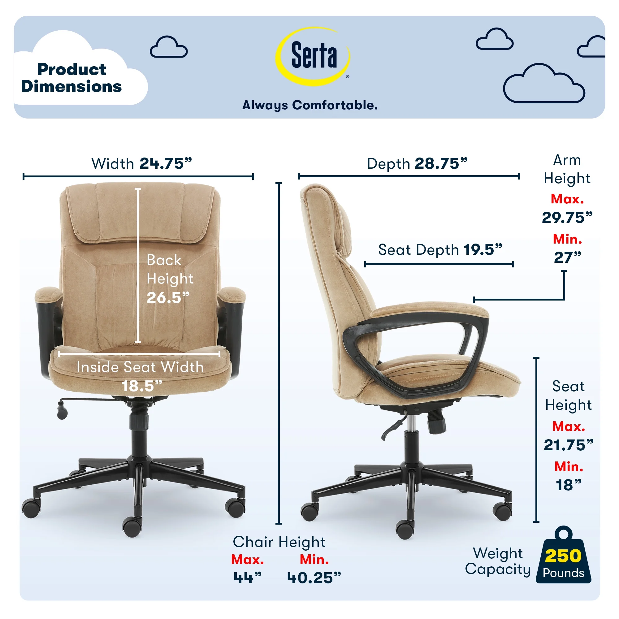 Serta Hannah Executive Office Chair, Ergonomic Lumbar Support, Firm Seat Cushion, Deep Body Pillows, Light Beige