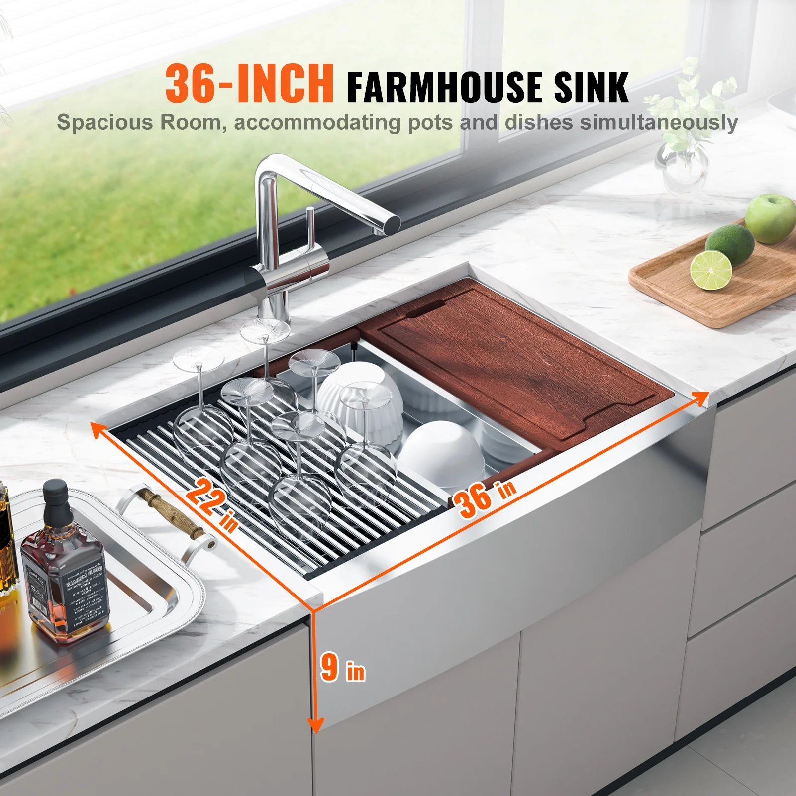 KFFKFF 36''x22'' Kitchen Sink, Farmhouse Kitchen Stainless Steel Sink,  Drop-In Single Bowl with Multi-functional Accessories, Ideal for Home Dishwasher, Preparation Area