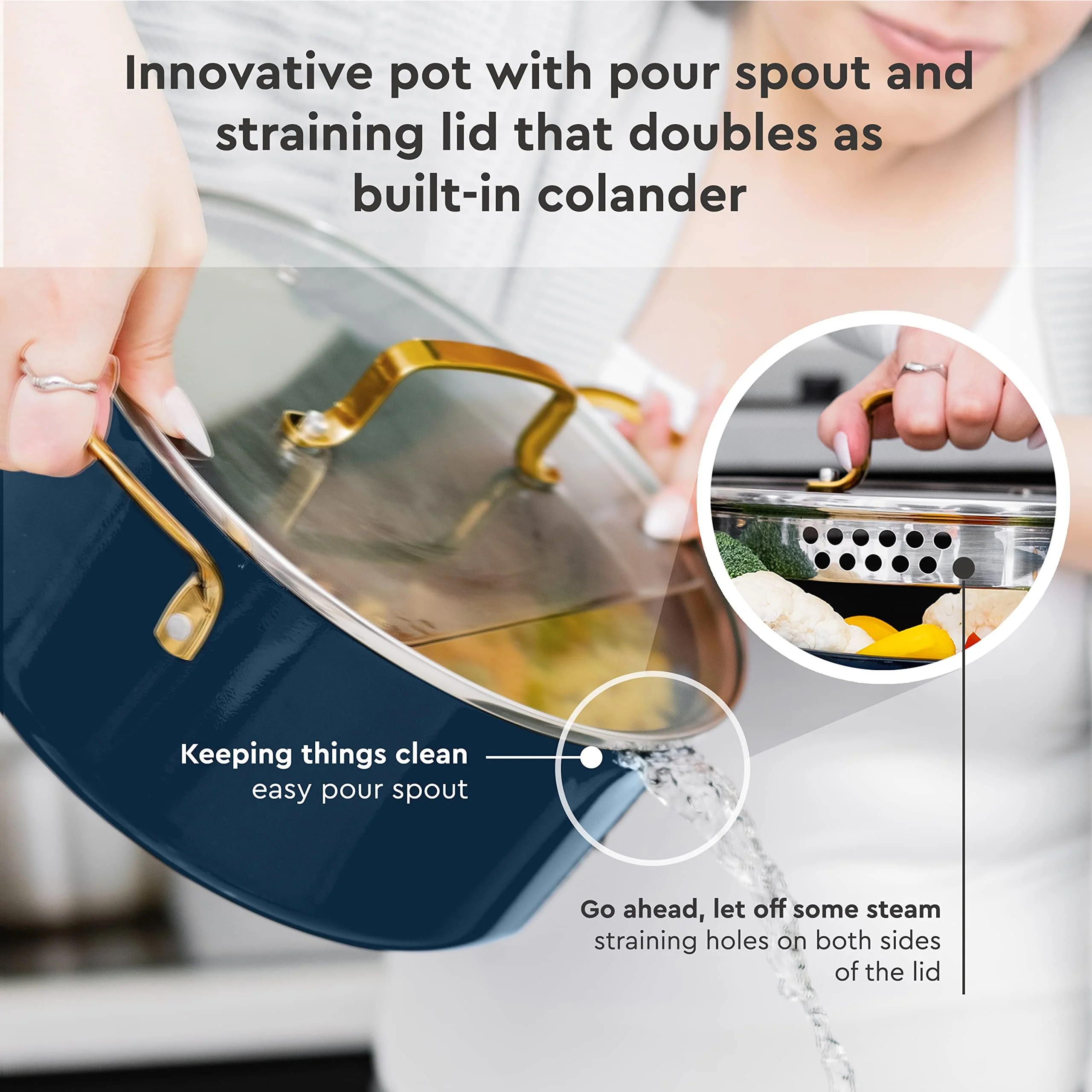 Styled Settings White Pots and Pans Set Nonstick-15 Piece Luxe White Cookware Set Non Toxic,Oven Safe,Induction Safe Cooking Pot with Strainer Lid,Gold Cooking Utensils,Gold Pots & Pans��