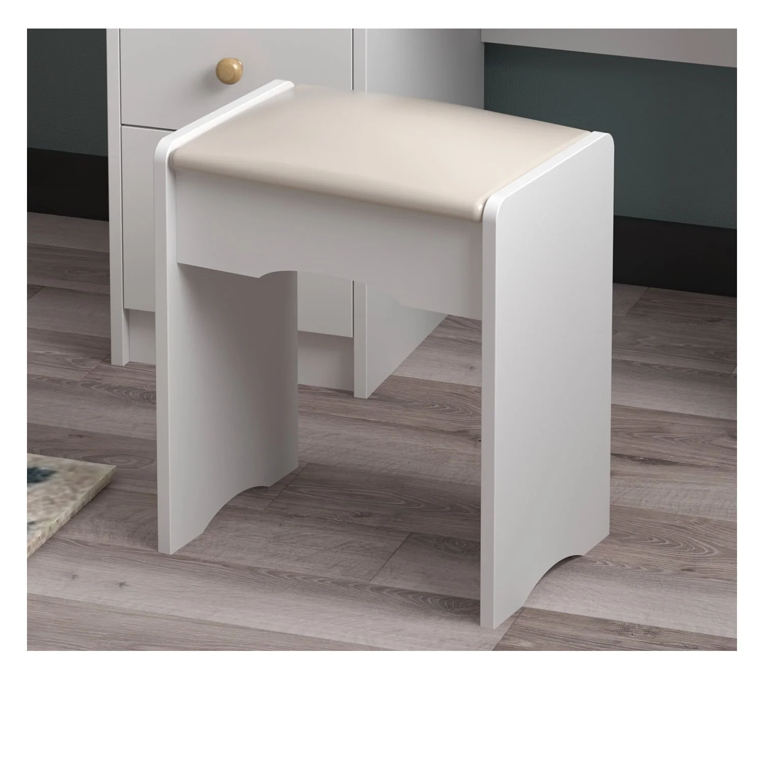 Makeup Vanity Dressing Table with 5 Drawers and Shelves, Vanity Set with Lighted Round Mirror, White Dresser Desk and Cushioned Stool Set