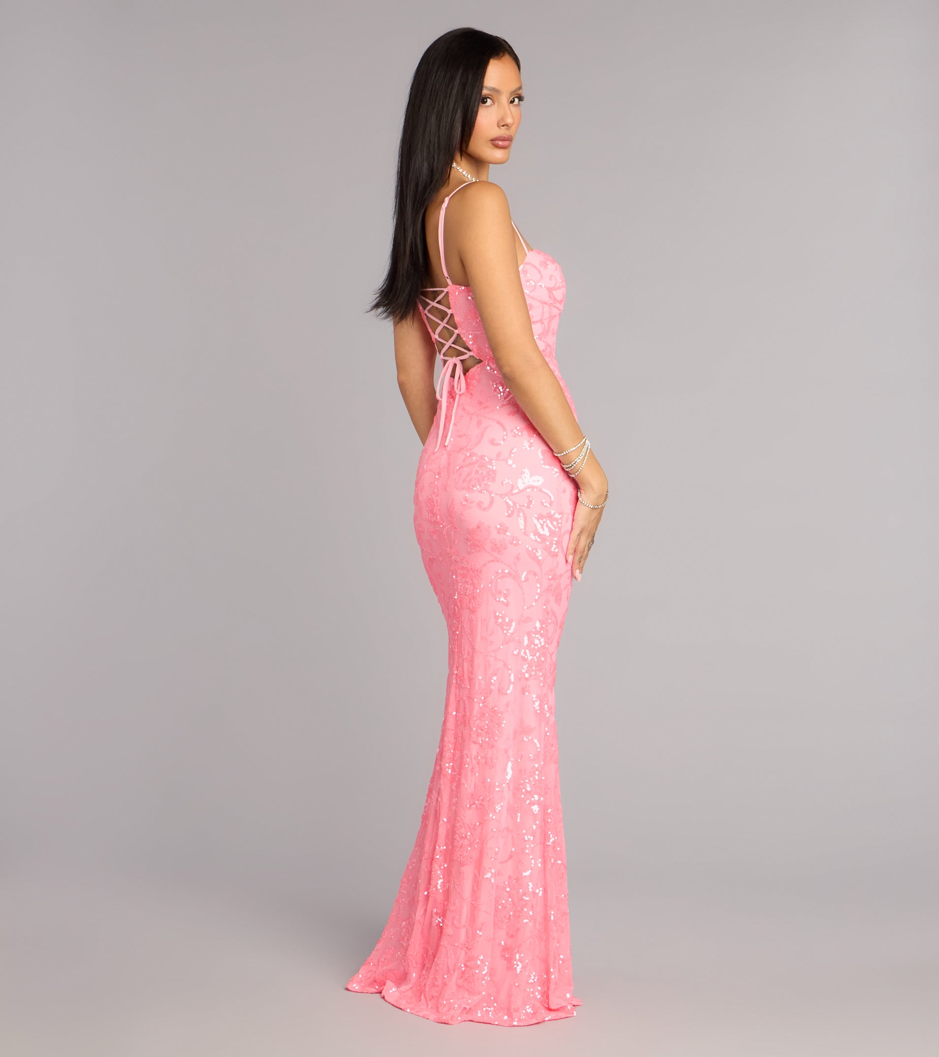 Botanical Sequin Lace-Up Formal Dress