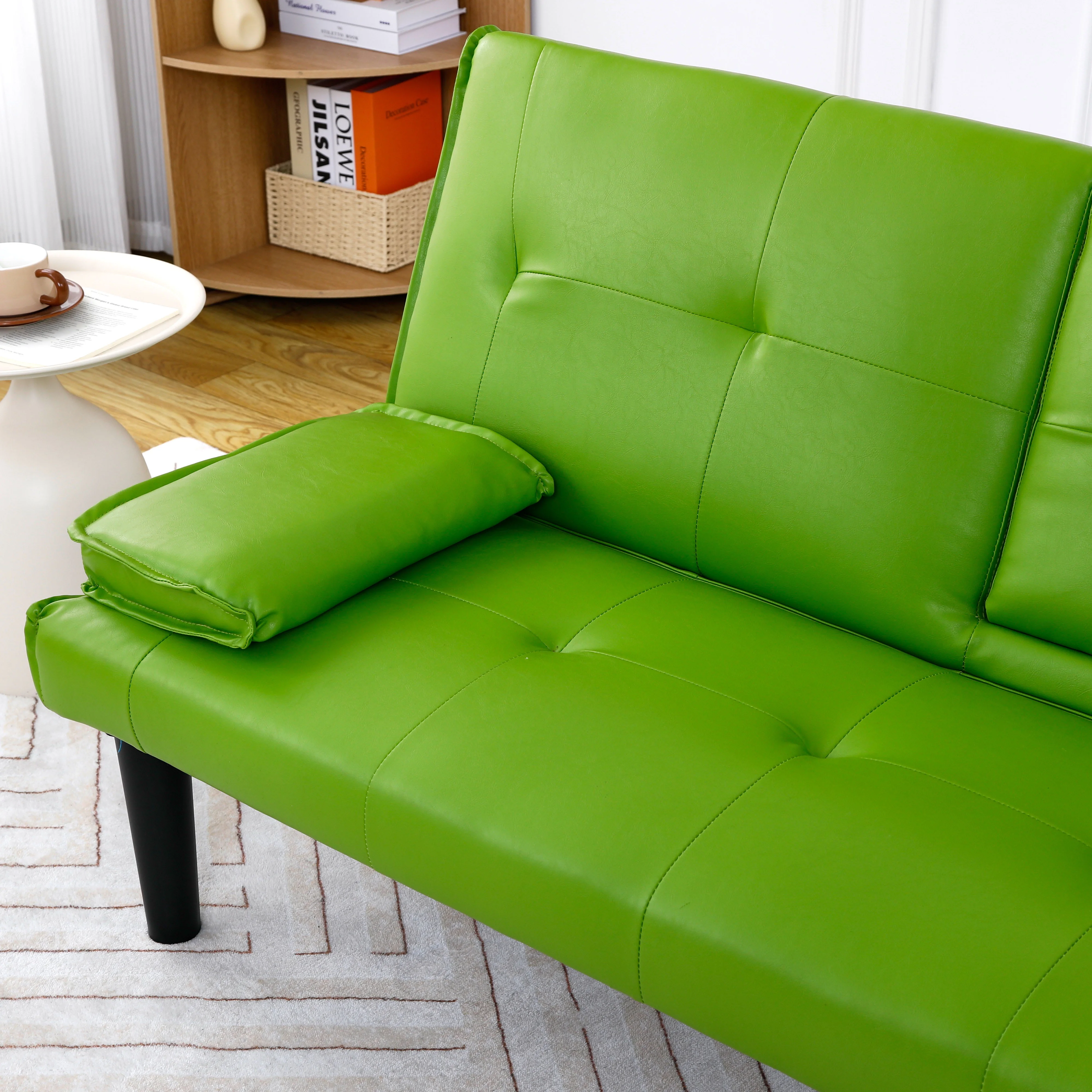 67 inch Futon Sofa Bed Faux Leather Couch Modern Convertible Folding Recliner with 2 Cup Holders for Living Room,Bedroom,Green