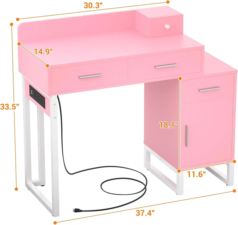 Vanity Desk With 4 Drawers and Cabinet, Makeup Vanity Table With Charge Station Socket, Small Space Makeup Bedside Cupboard, Gift for Her Choice, Suit for Apartment/Dorm/Bedroom, Cute Pink