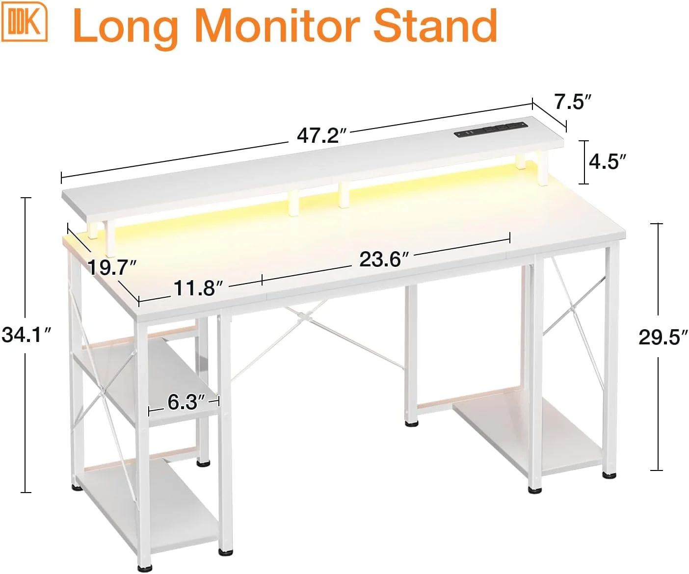 ODK 48 inch Gaming Desk with LED Lights & Power Outlets, Computer Desk with Monitor Stand & Storage Shelves, CPU Stand, Home Office Desk, White