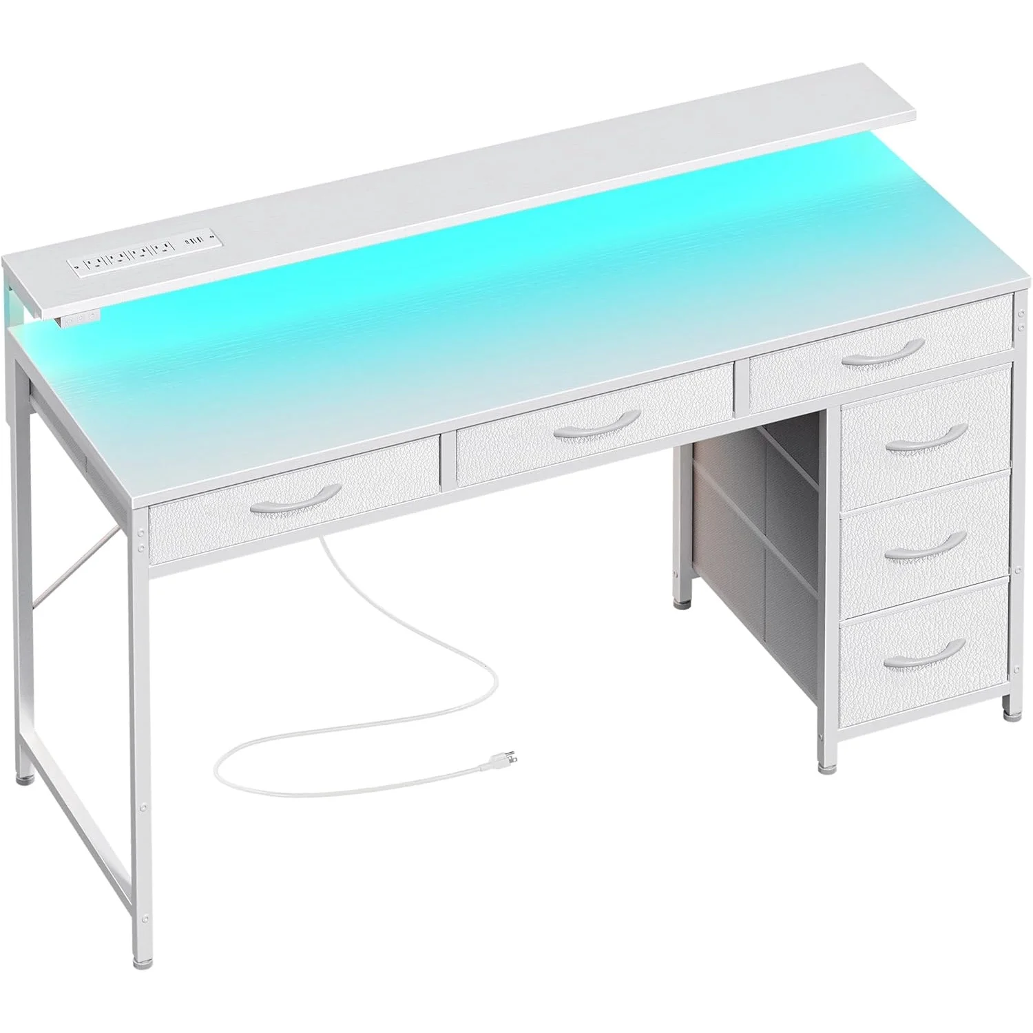 Gaming Desk with 6 Drawers, Computer Desk with LED Lights Power Outlets and Type-C, 47 Inch Office Table with Storage, Monitor Stand, Writing & Work Home Office, Bedroom, Study, White