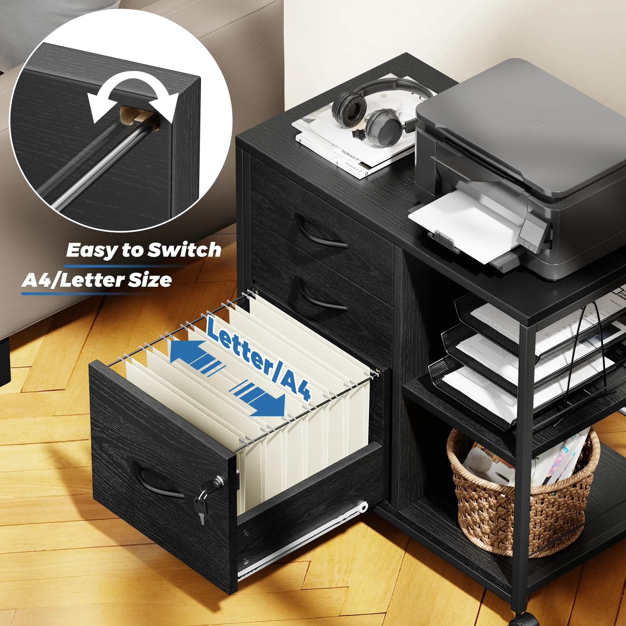 Himusi File Cabinet with USB Charging Ports Socket, 3 Drawers File Organizer for Home Office, Rolling Lateral Filing Cabinet for Printer Stand with Storage, Balck