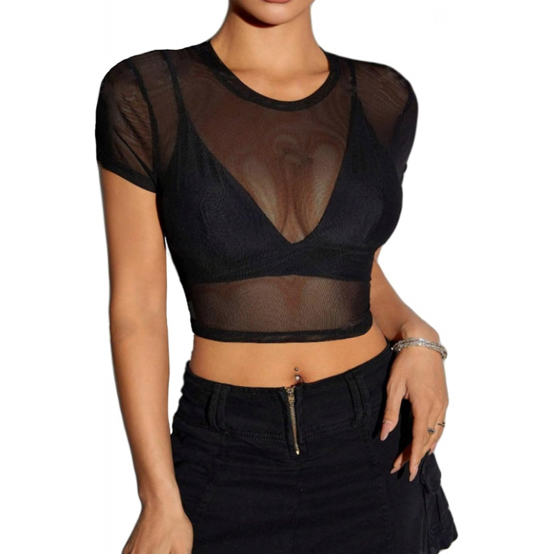 Women's Mesh Crop Top with Short Sleeves and Bodycon Design
