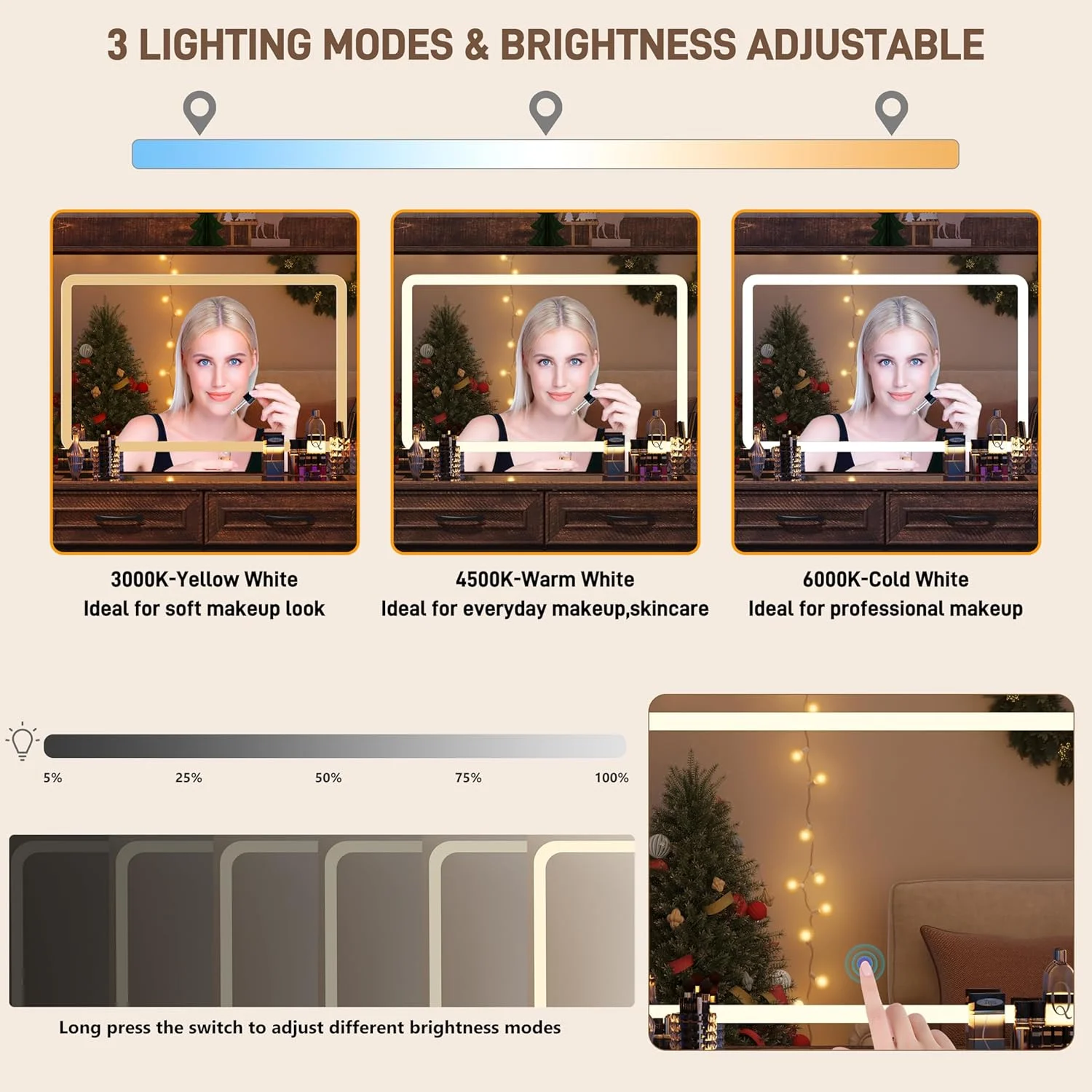 ChVans 62'' Large Vanity Desk with Tempered Glass Top & Charging Station, Farmhouse Makeup Vanity with 8 Storage Drawers & 2 LED Glass Storage Cabinets & 3 Lights Mode LED Mirror for Women Gift