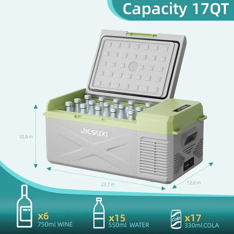 12V Portable Car Refrigerator Freezer – 17-Quart Compressor Cooler with Dual Voltage (12/24V DC & 110–240V AC). APP-Controlled for RVs. Trucks. Camping. and Home Use
