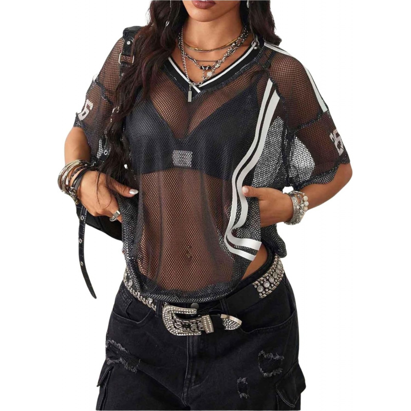 Women's Jersey Shirts with Striped Letter Print, Sheer T-Shirt with Short Sleeves, Perfect for Going Out Tops
