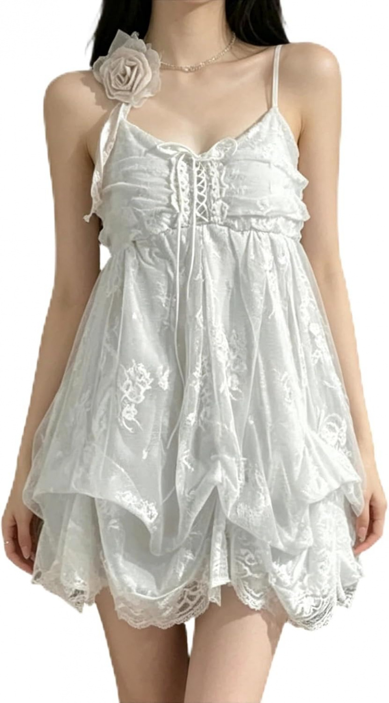 Spaghetti Strap Lace Mini Dress 2000s Women Cute Summer