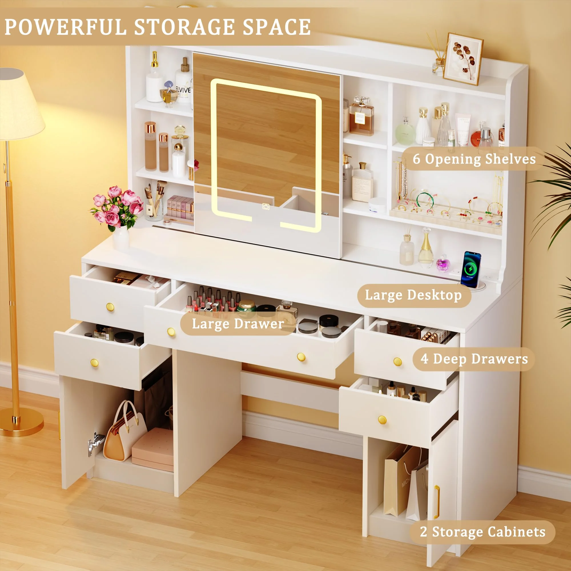 Tomnk White Vanity with Lights Mirrors, Makeup Vanity Desk with Drawers and Chair, Power Outlet