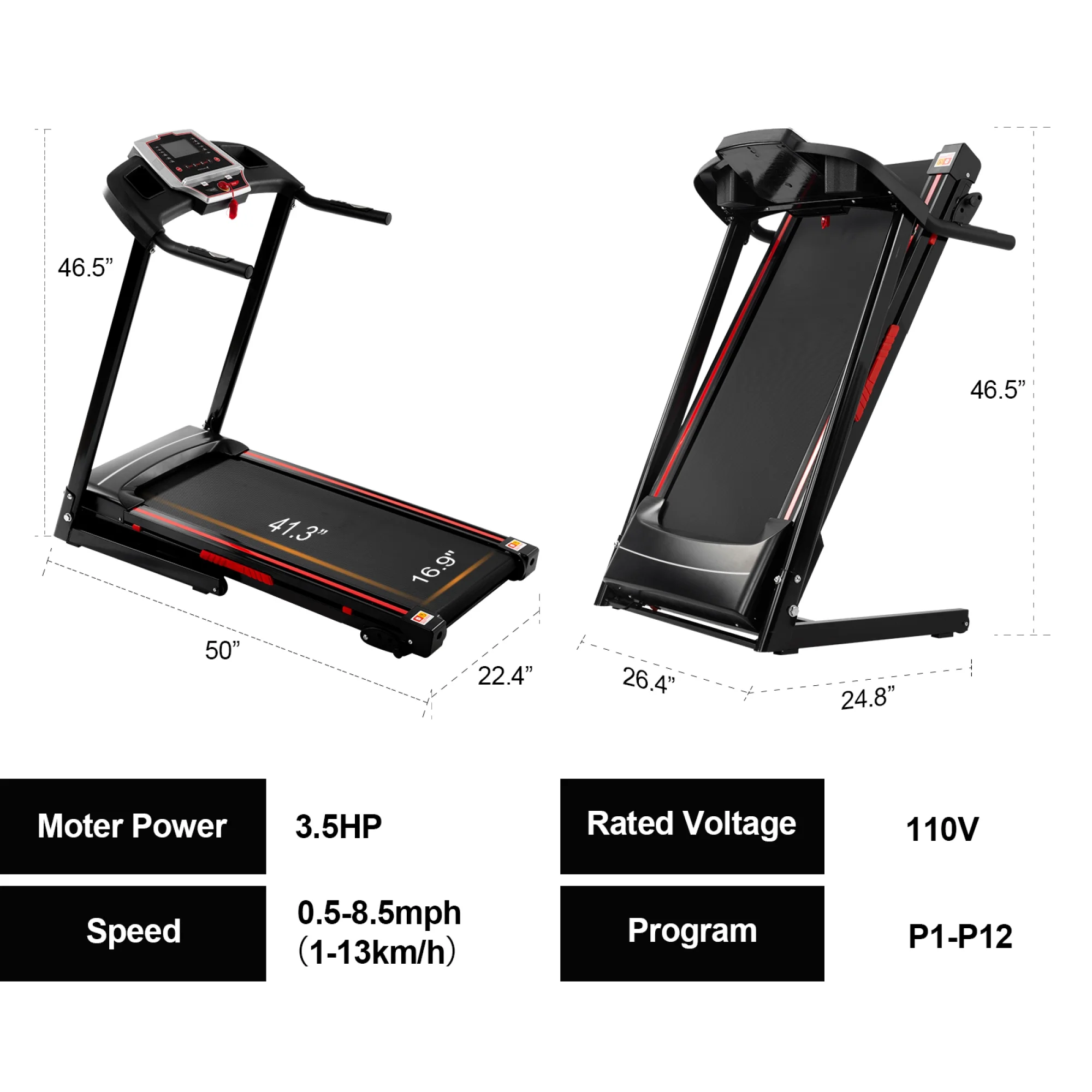 SWERTOY Folding Treadmill, Install Free Under Desk Treadmill Portable Foldable with Incline, Large LCD Display, 3.5HP Foldable Treadmill with 2s Folding