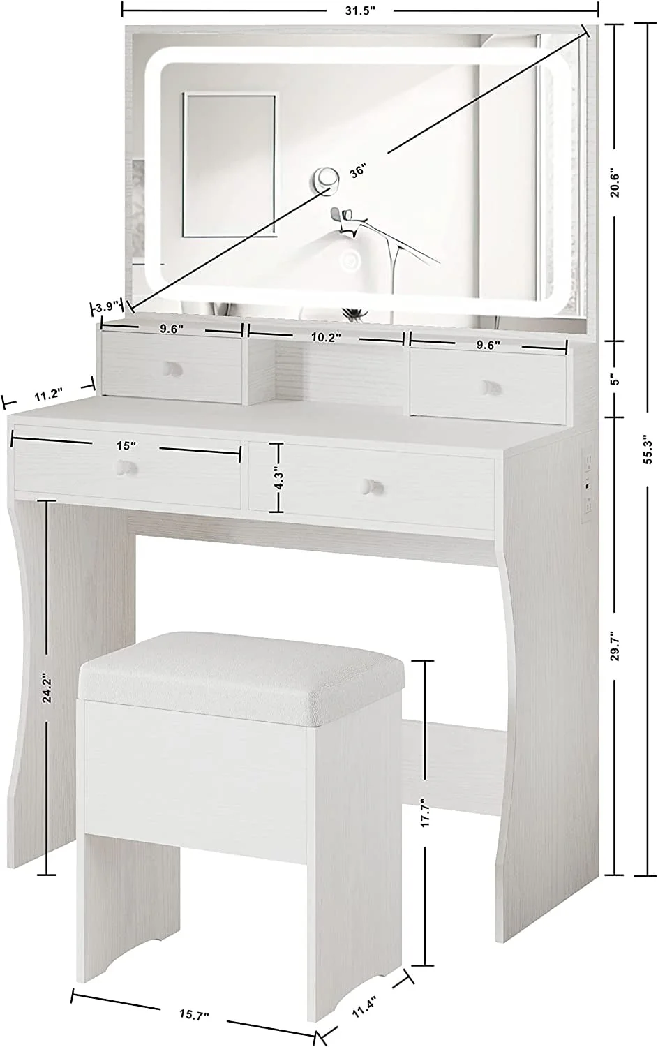 IRONCK Vanity Makeup Table Desk Set with LED Light Mirror & Power Outlet,  with 4 Drawers,Modern White
