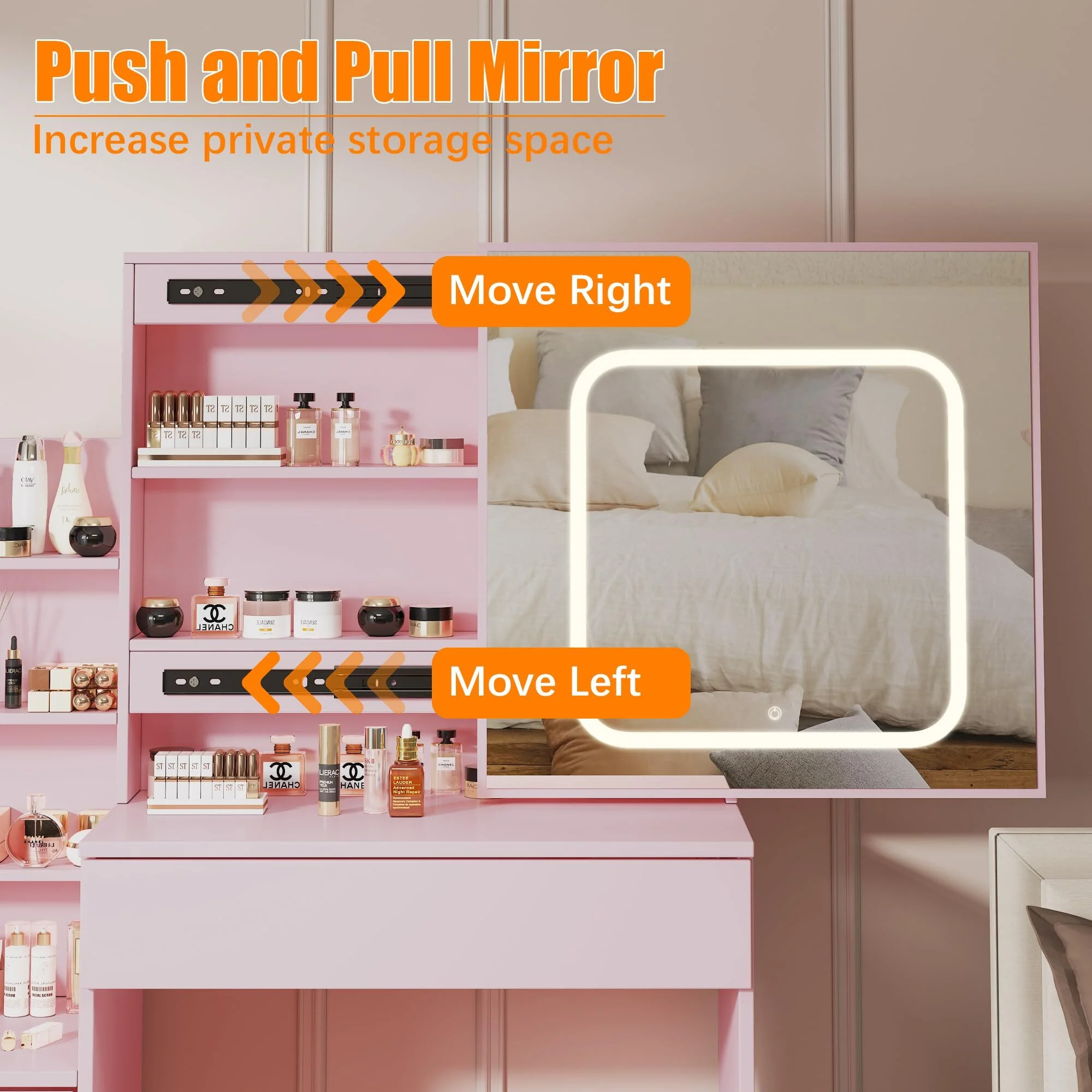 Vanity Desk with Sliding Mirror & Lights, Makeup Vanity Set with Charging Station 4 Drawers 7 Shelves, Large Vanity Set with Cushioned Stool for Bedroom, White