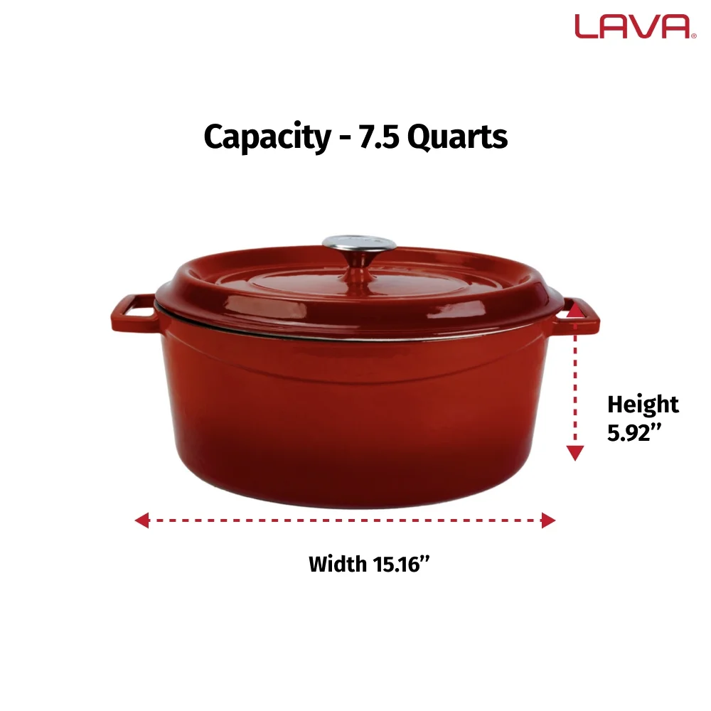 LAVA 6.75 Quarts Cast Iron Dutch Oven: Multipurpose Stylish Oval Shape Dutch Oven Pot with Three Layers of Enamel Coated with Trendy Lid (Blue)