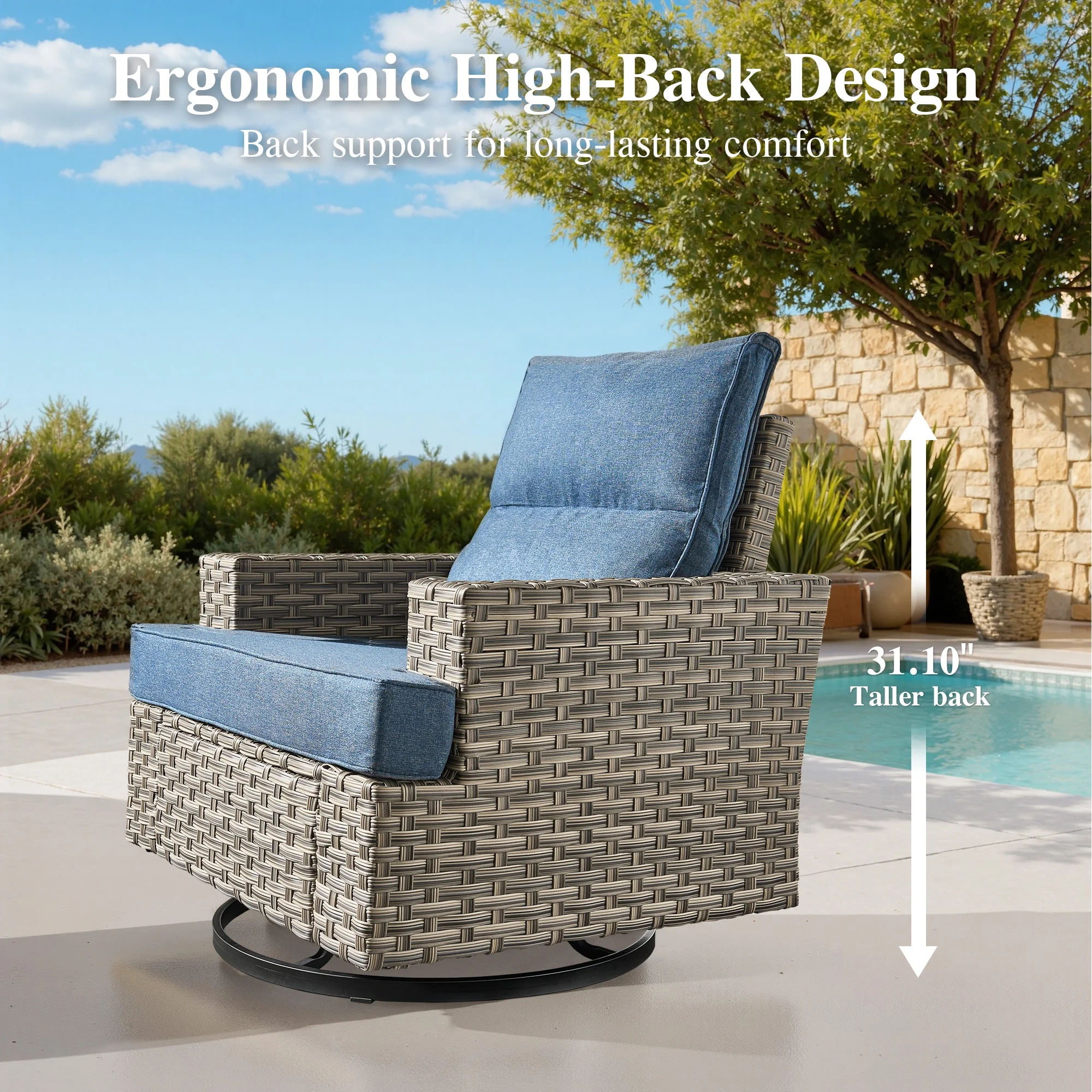 Ovios 10 Pieces Outdoor Patio Furniture Modern High-Back All-Weather Wicker Sectional Conversation Set with Propane Fire Pit Table & Swivel Chair, Dark Gray