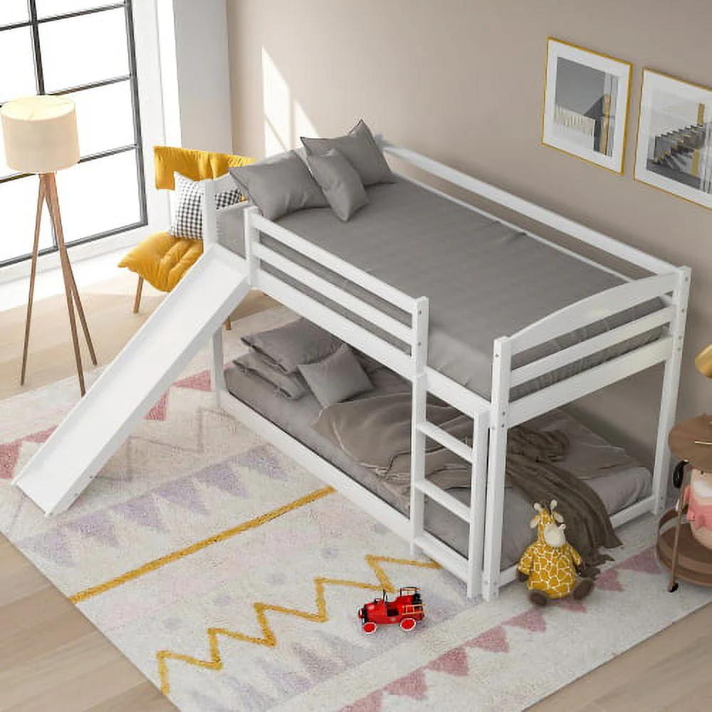 Kumji Twin over Twin Bunk Bed with Slide, Wood Bunk Bed for Kids Teens Adults, Twin Bunk Bed Frame with Convertible Slide and Ladder, Bunk Bed for Bedroom Dormitory, No Box Spring Needed, White