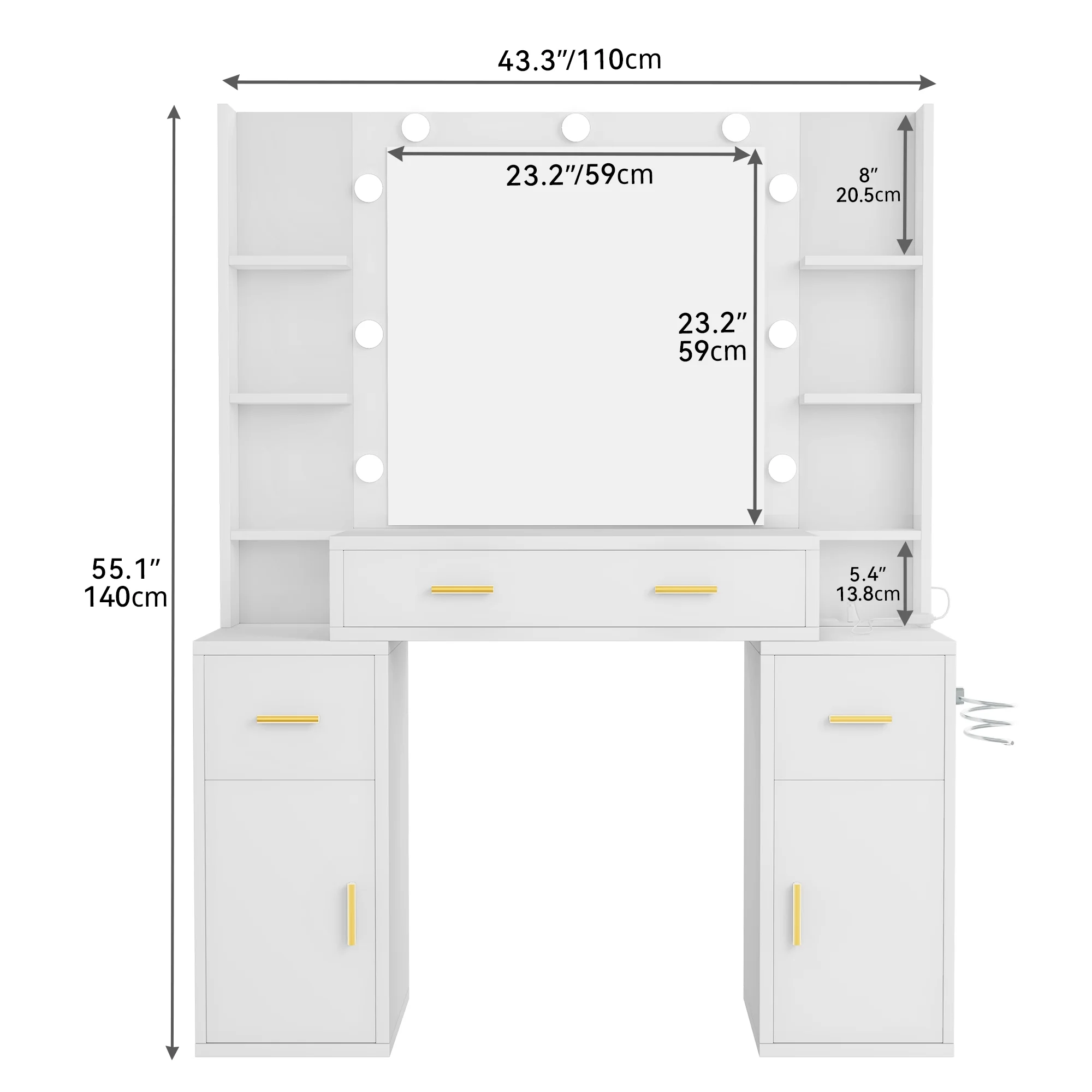 Dextrus Elegant Makeup Vanity Set with Lighted Mirror and Drawers, White Makeup Desk,Dressing Table for Girls