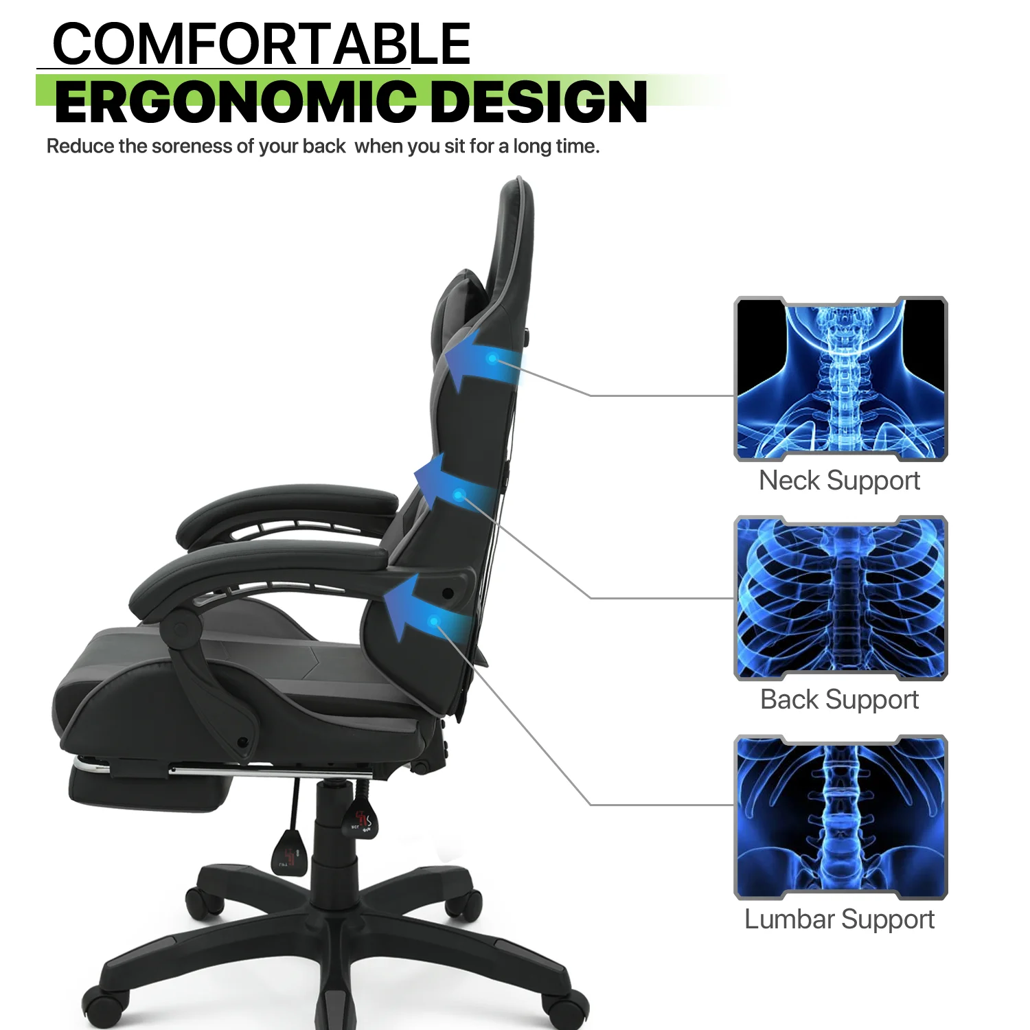 Magshion Adjustable Gaming Chair, Ergonomic PC Computer Seat with Headrest and Lumbar Support for Adults Teens Desk Chair, Black