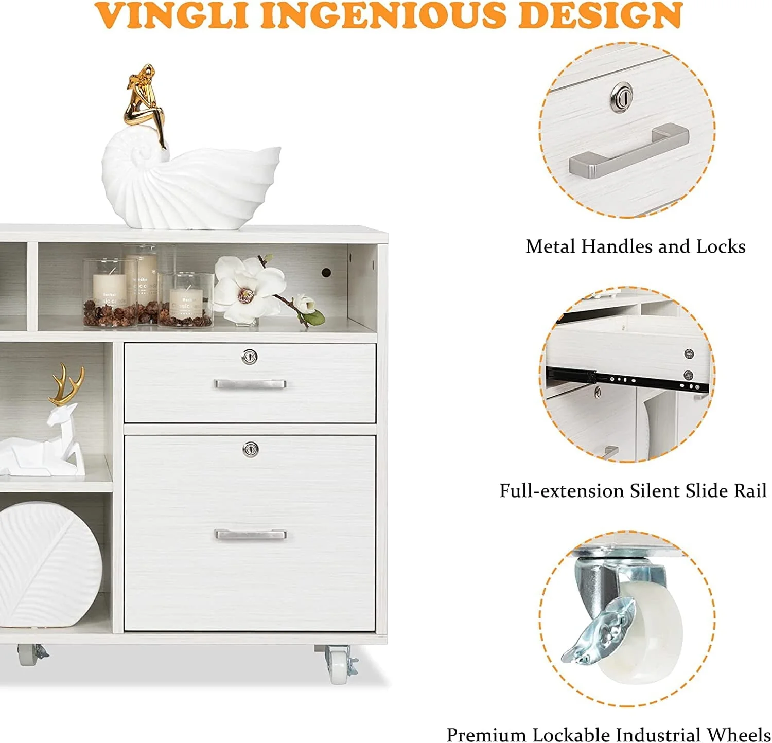 VINGLI Rolling 4-Drawer File Cabinet with Lock and Shelves, Wood Lateral Filling Printer Stand for Home Office, Cream White