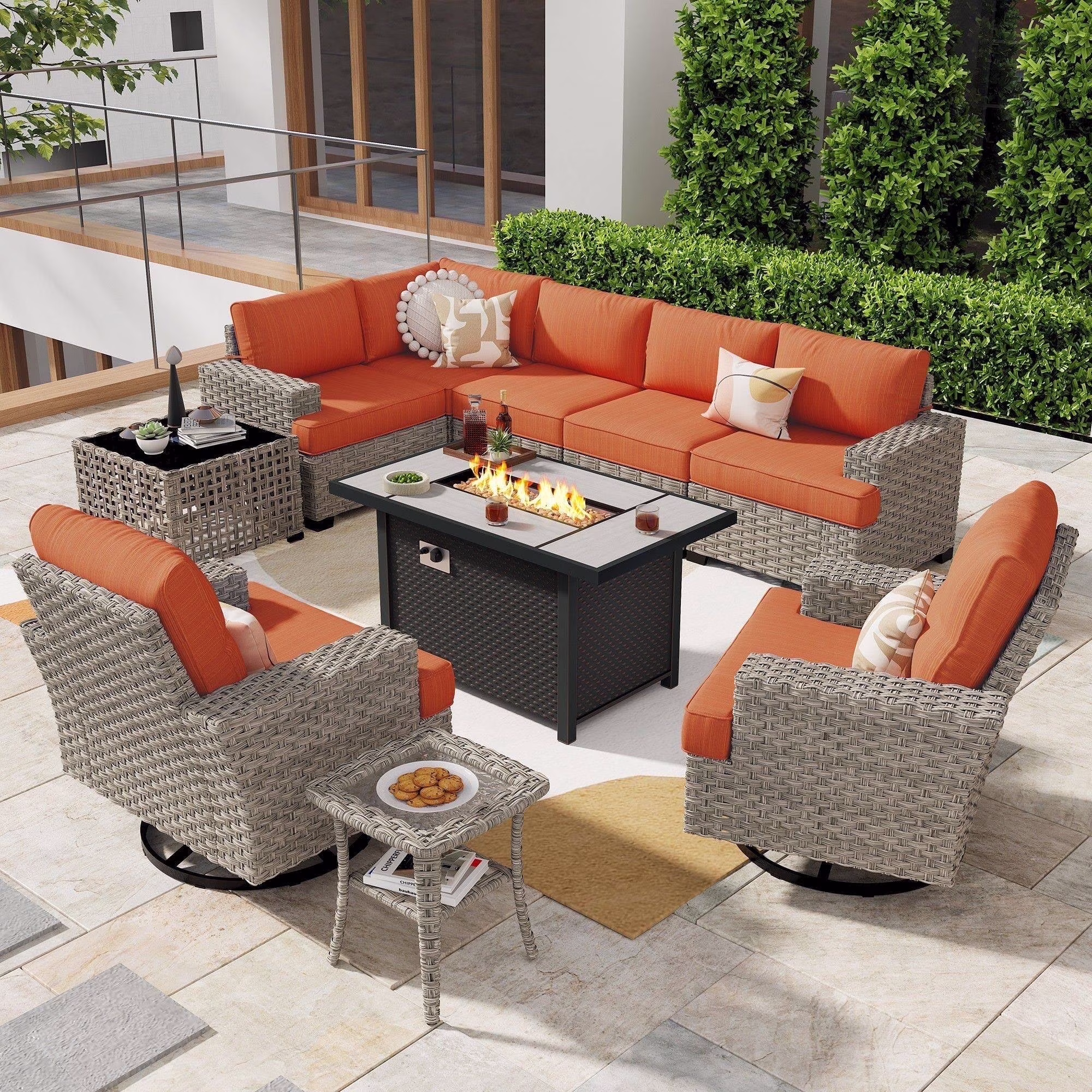 Ovios 10 Pieces Outdoor Patio Furniture Modern High-Back All-Weather Wicker Sectional Conversation Set with Propane Fire Pit Table & Swivel Chair, Dark Gray