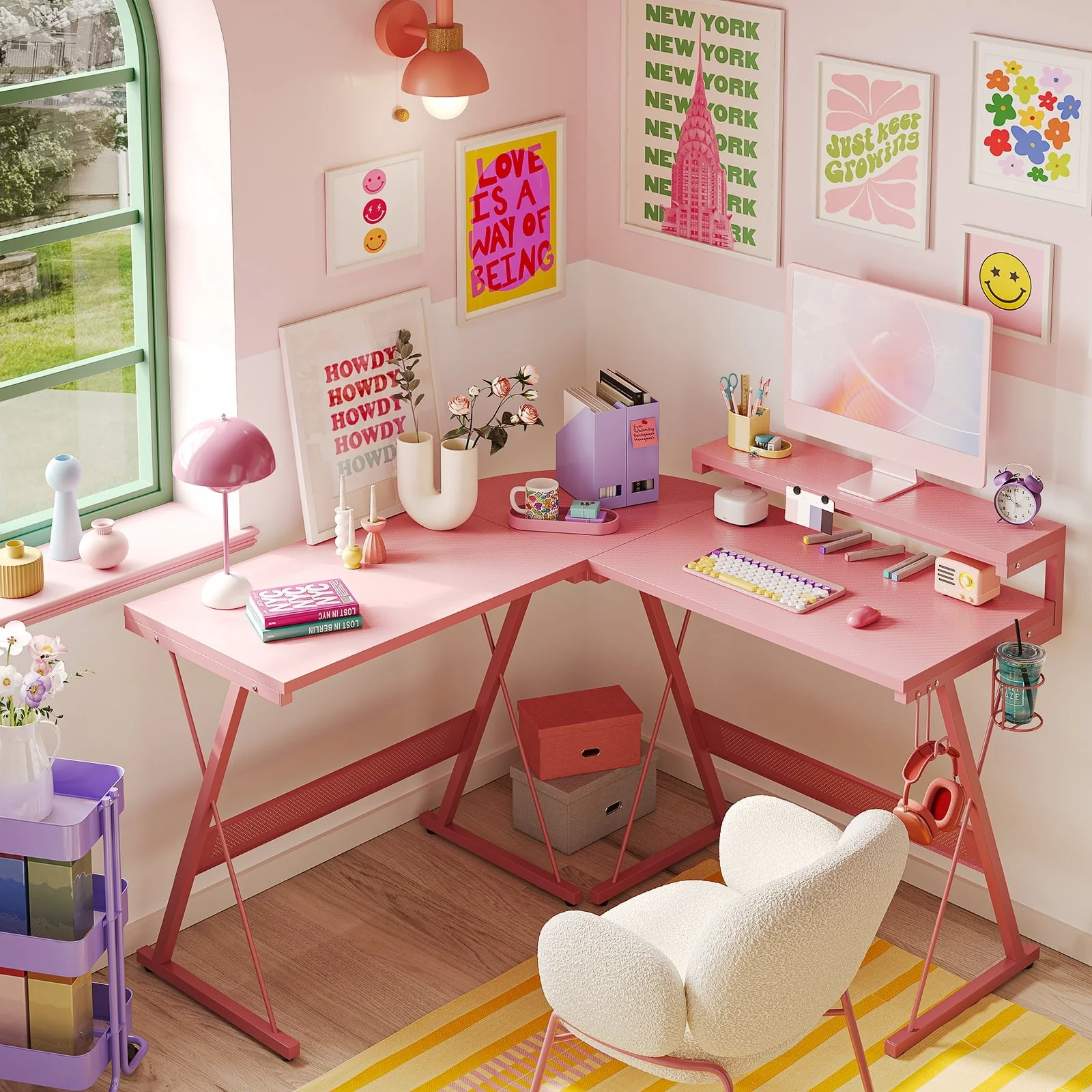 Bestier Pink Computer Desk with LED Light L-Shaped Desk Gaming Computer Desk with Monitor Stand