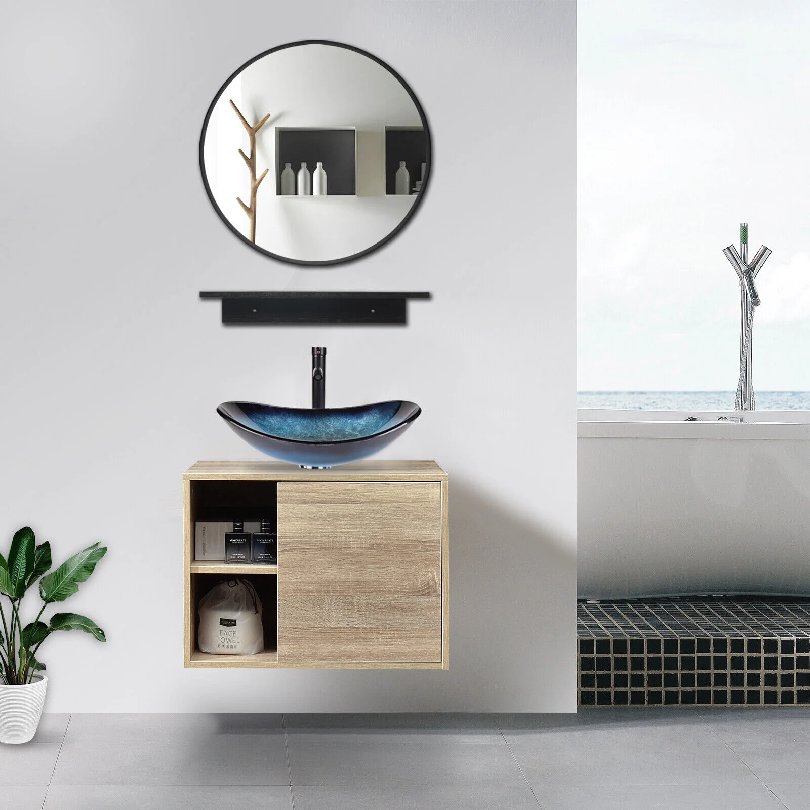 PULUOMIS Wall Mounted Bathroom Vanity Set with Mirror Storage Shelf, PVC Sheet Natural Cabinet with Black Side Panels (Cabinet + Sink)