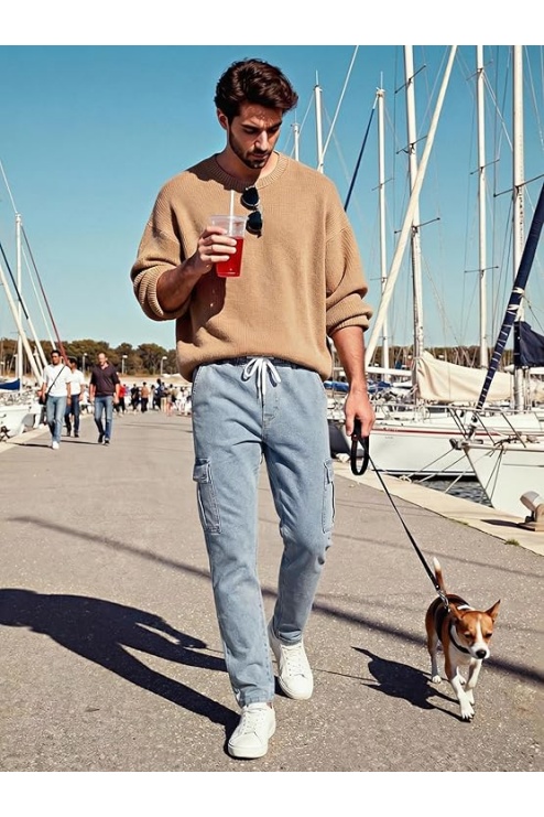 Men's Elastic Waist Cargo Jeans Stretch Denim Pants
