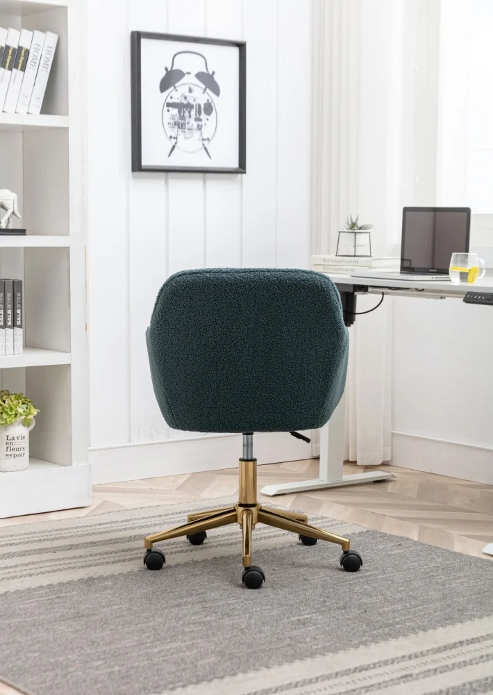 Modern Swivel Desk Chair, Teddy Fabric Home Office Task Chair Adjustable Swivel Mid-Back Cute Upholstered Accent Vanity Armchair with Gold Metal Legs and Universal Wheel for Home Office, Green