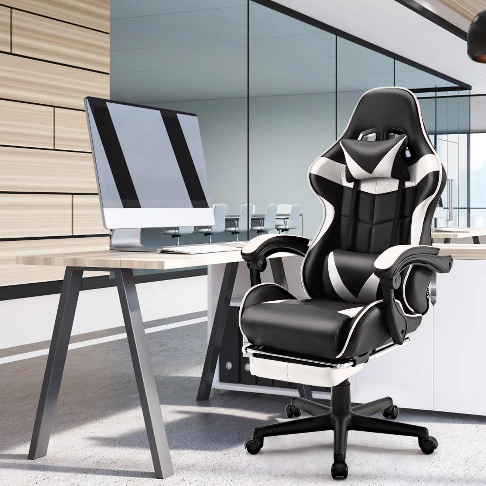 SOONTRANS Green Gaming Chair with Footrest, High Back Gamer Chair with Massage Lumbar Pillow, Gamer Computer Desk Chair (Green)