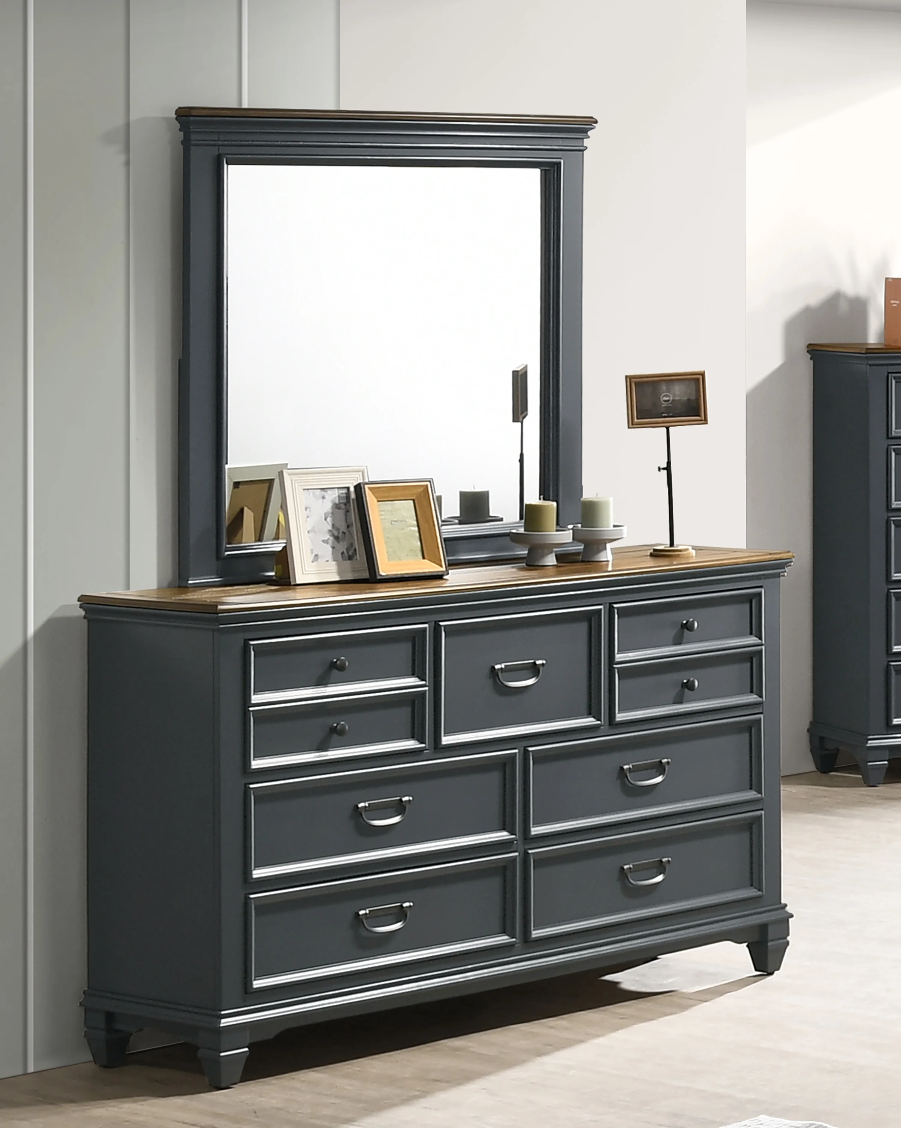 Roundhill Furniture Clelane Wood Bedroom Set Panel King Bed, Dresser, Mirror, and Nightstand