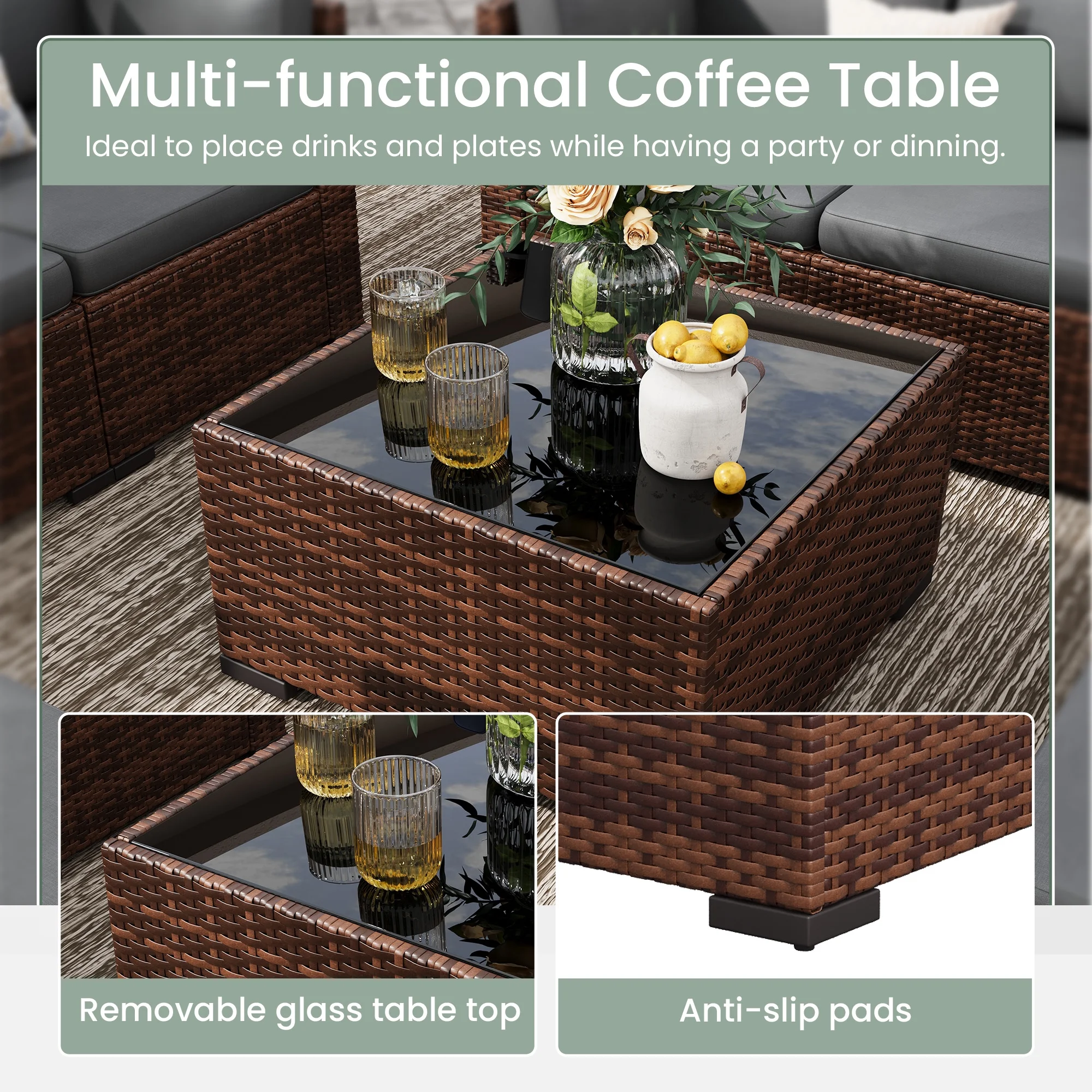 Poteban 7 Pieces Outdoor Sectional Sofa Set , PE Wicker Rattan Slanted Back Outdoor Conversation with Cushions and Glass Coffee Table for Backyard Garden, Dark Gray